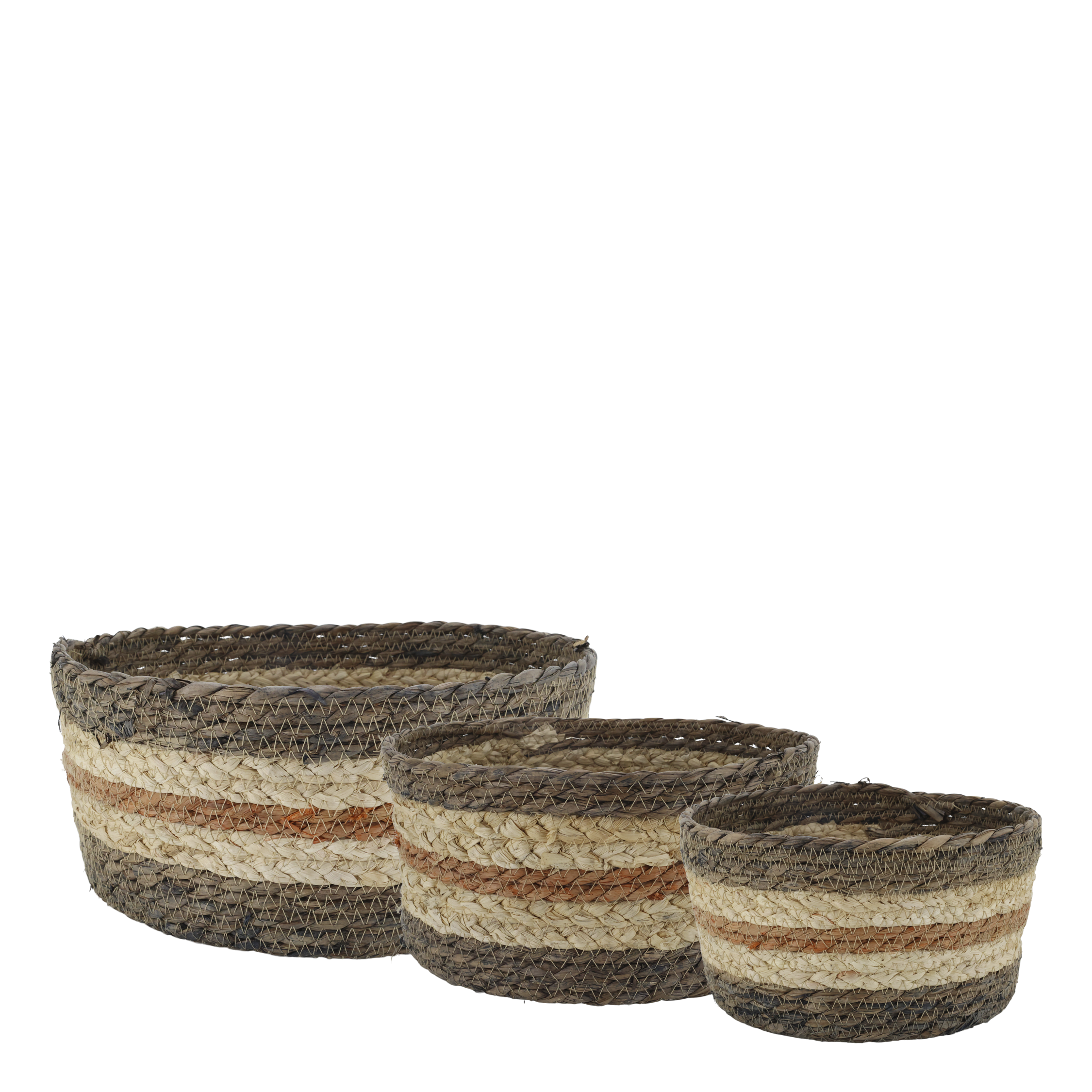 Basket w. stripes set of 3 H13/D29 cm nature and olive