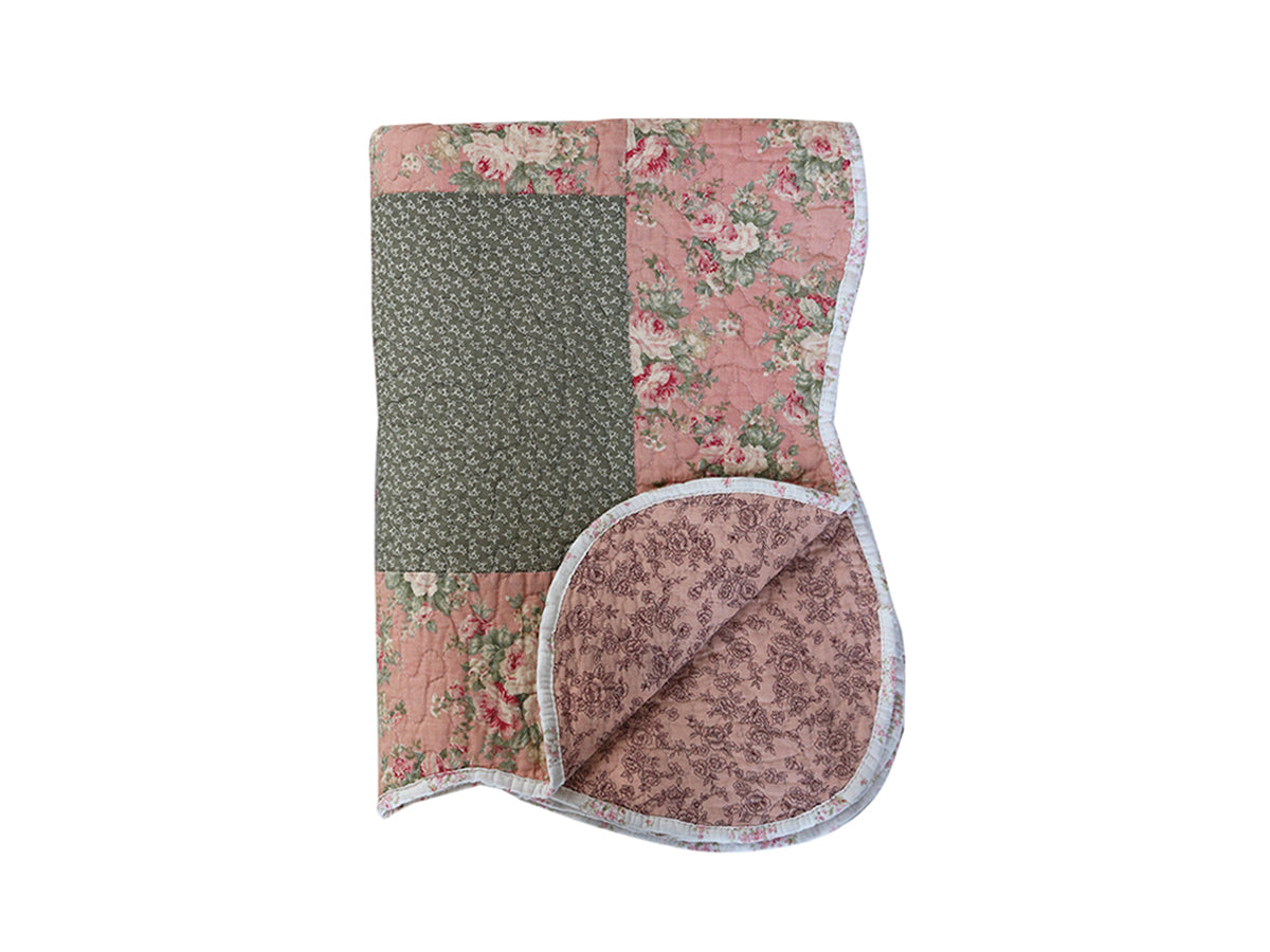 Quilt w. flowerprint & lace ribbon L180/W130 cm dusty rose