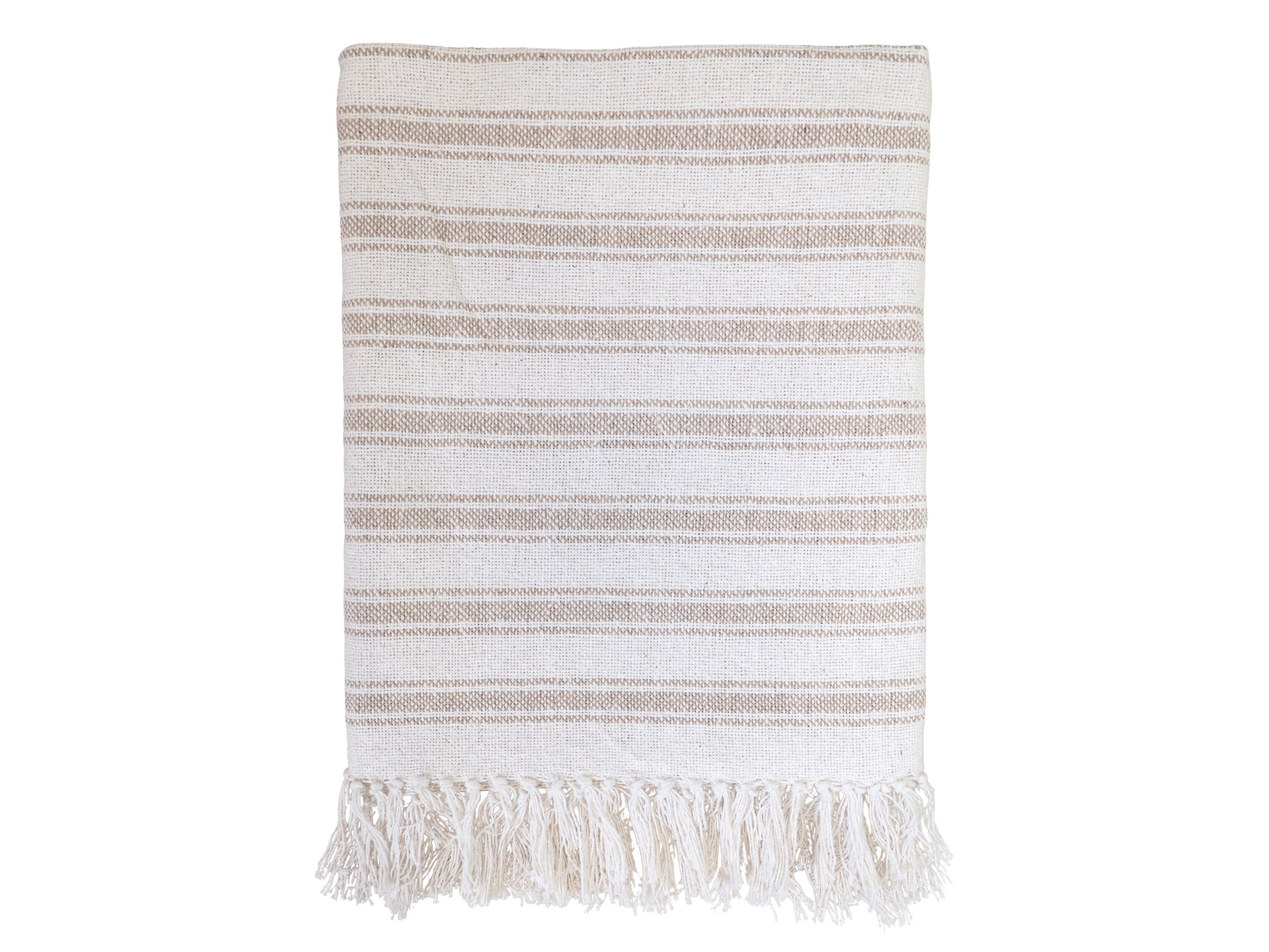 Throw of surplus yarn w. grain sack stripes L170/W130 cm latte