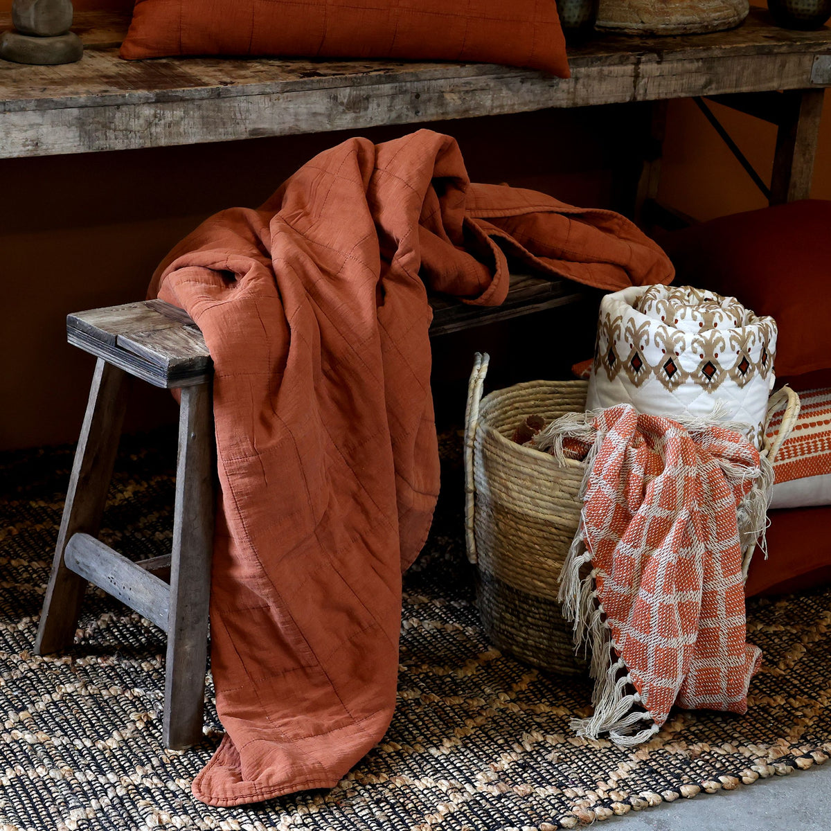 Vintage Quilt in Terracotta, 180 cm lang