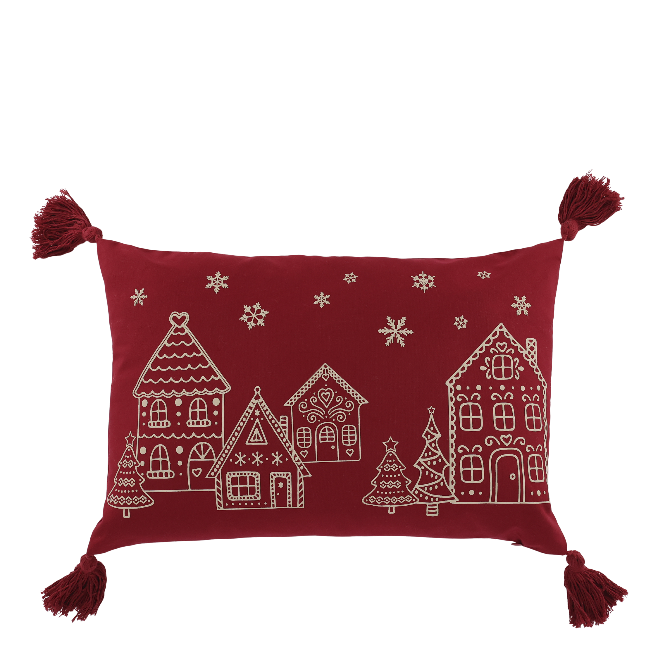 Aix Pillowcase w. tassels & houses L50/W35 cm cherry