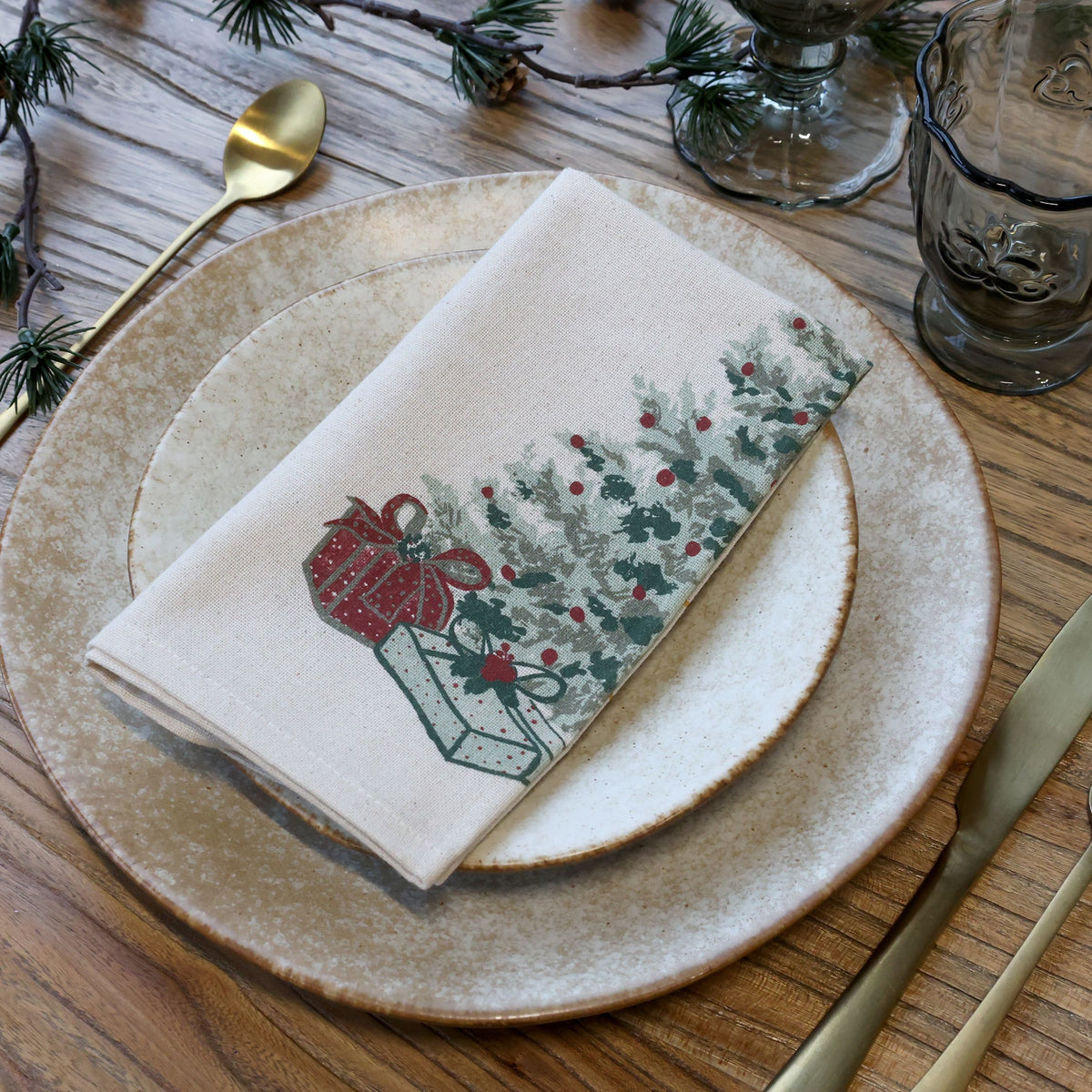 Aix Stoffserviette mit Weihnachtsbaum, 40x40 cm, leinen