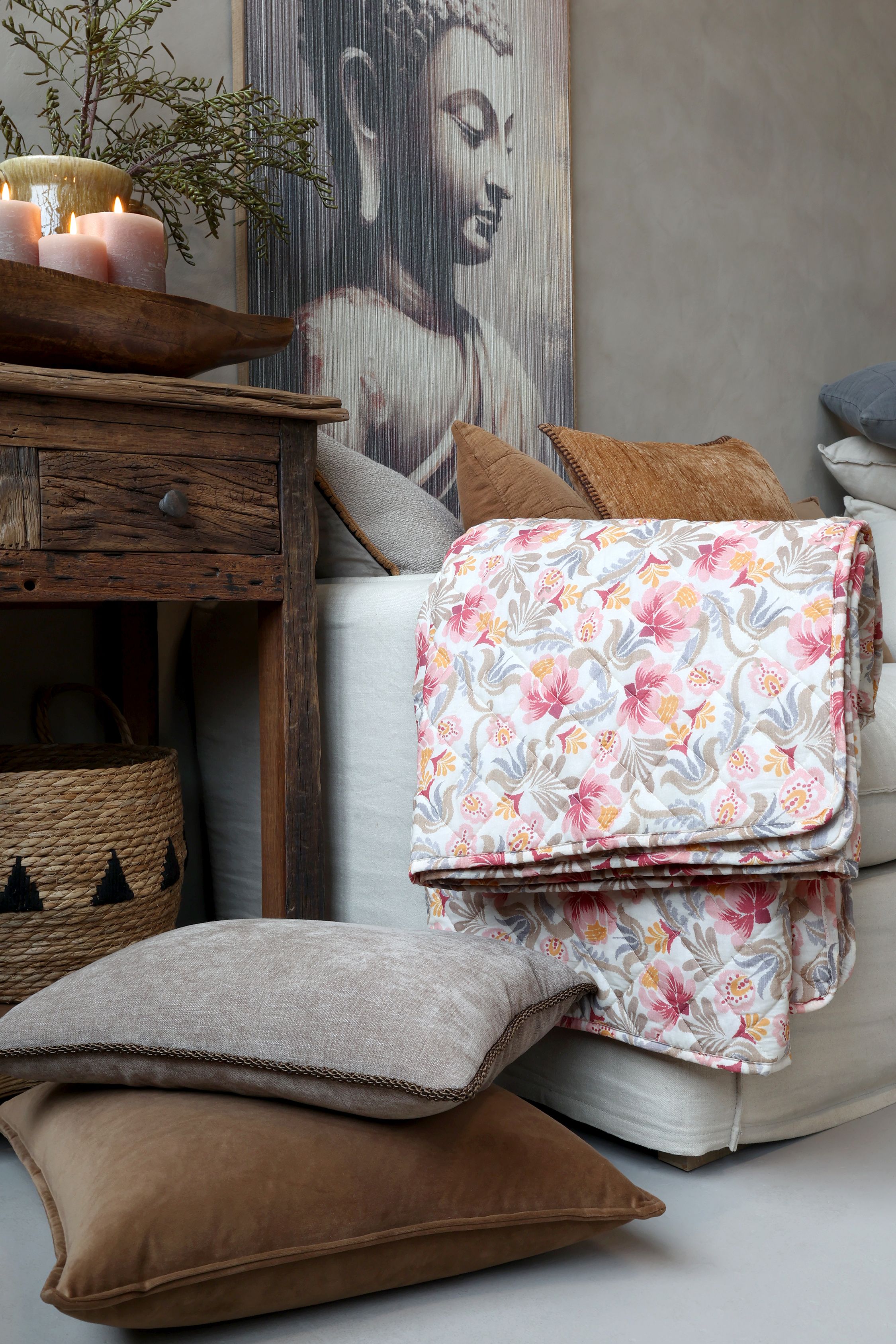 Aix Quilt mit Blumenmuster, 180x130 cm, rosa & thunder grey