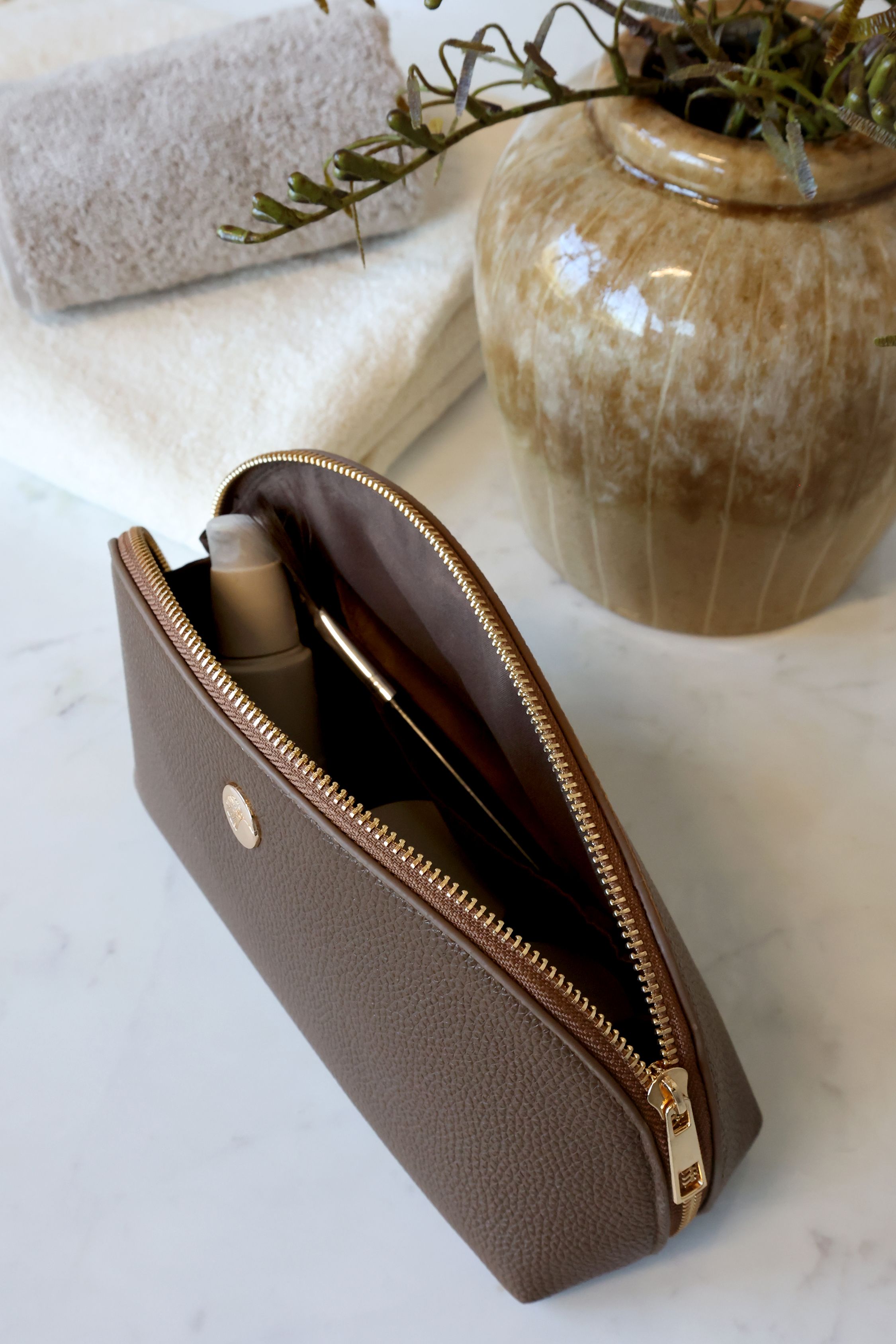 Kulturtasche coffee aus PU und Baumwolle, 20,5 cm lang