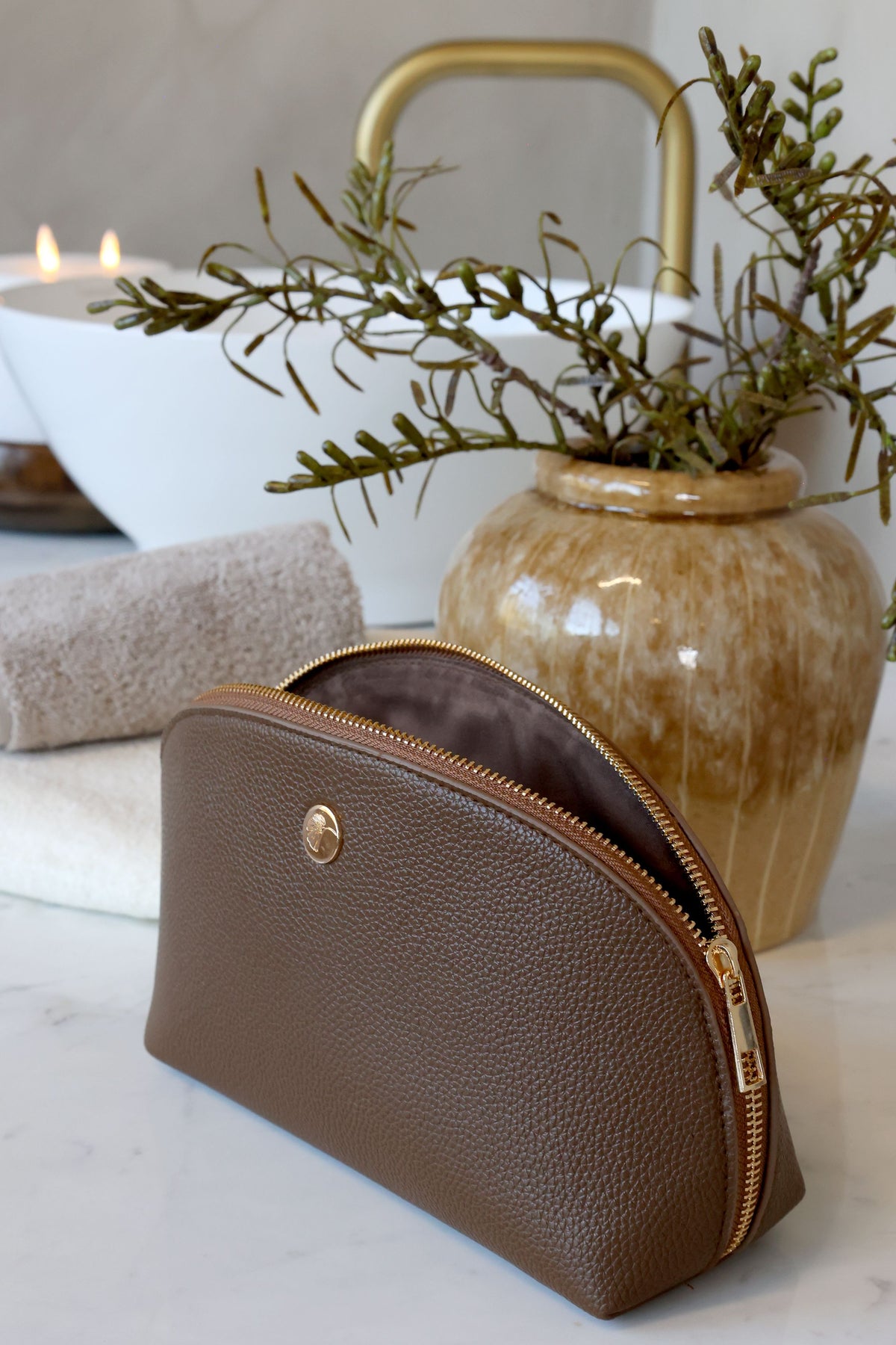 Kulturtasche coffee aus PU und Baumwolle, 20,5 cm lang