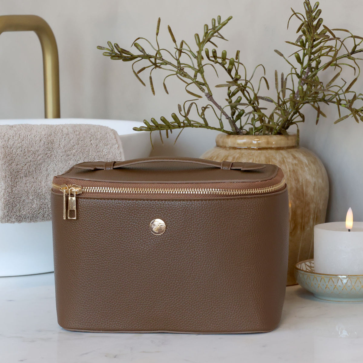 Kulturtasche coffee aus PU und Baumwolle, 22 cm lang