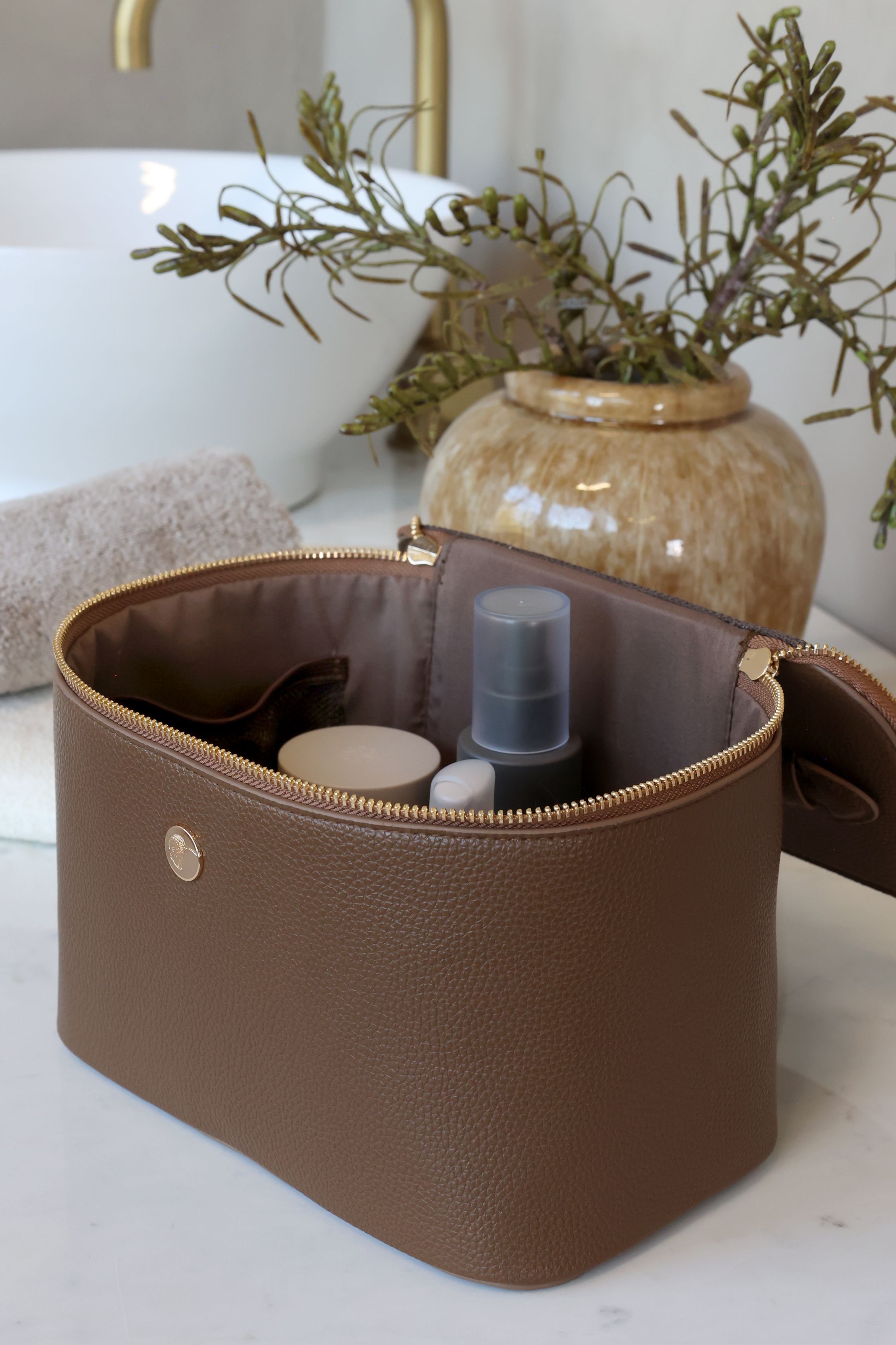 Kulturtasche coffee aus PU und Baumwolle, 22 cm lang