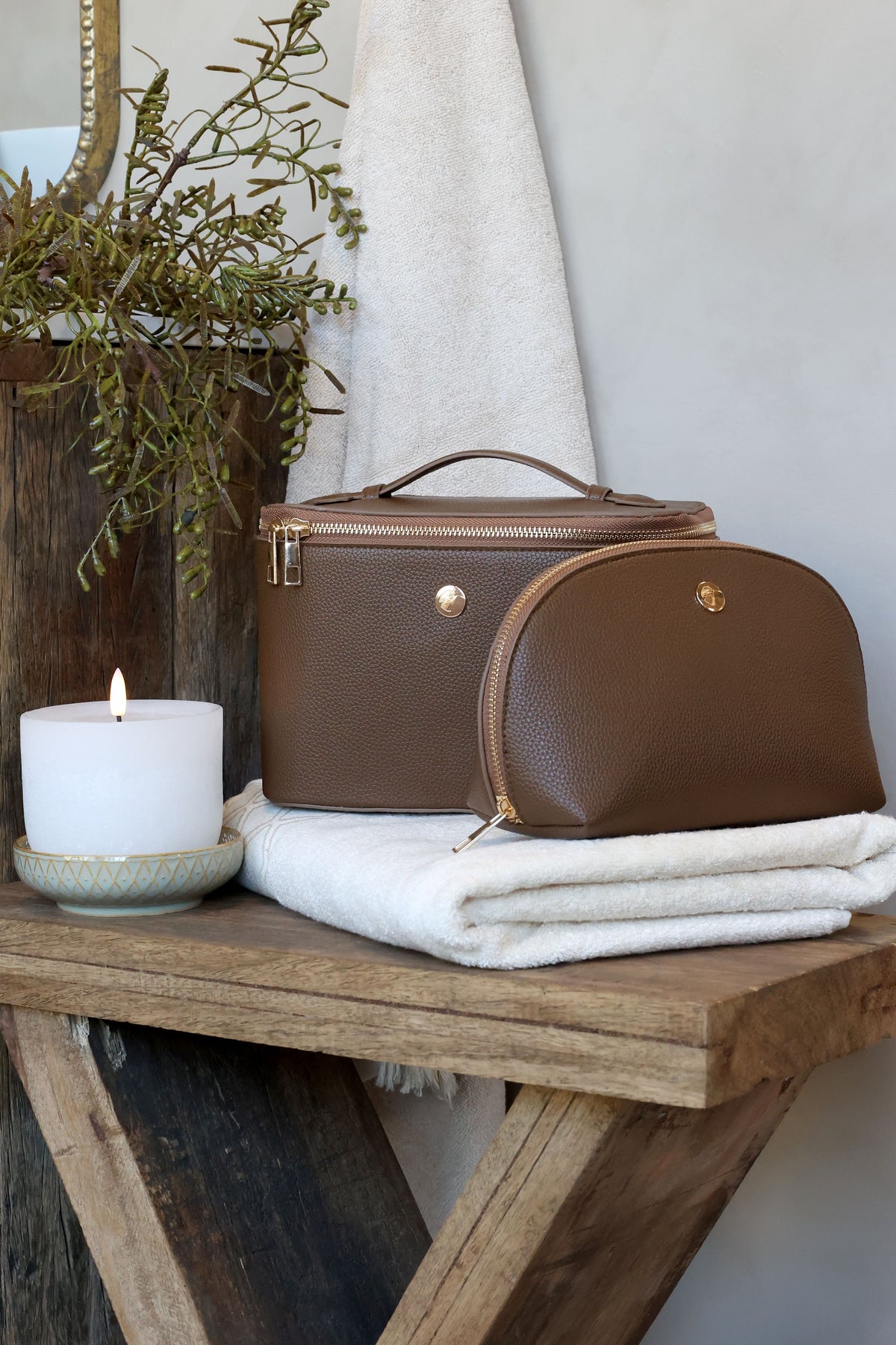 Kulturtasche coffee aus PU und Baumwolle, 22 cm lang