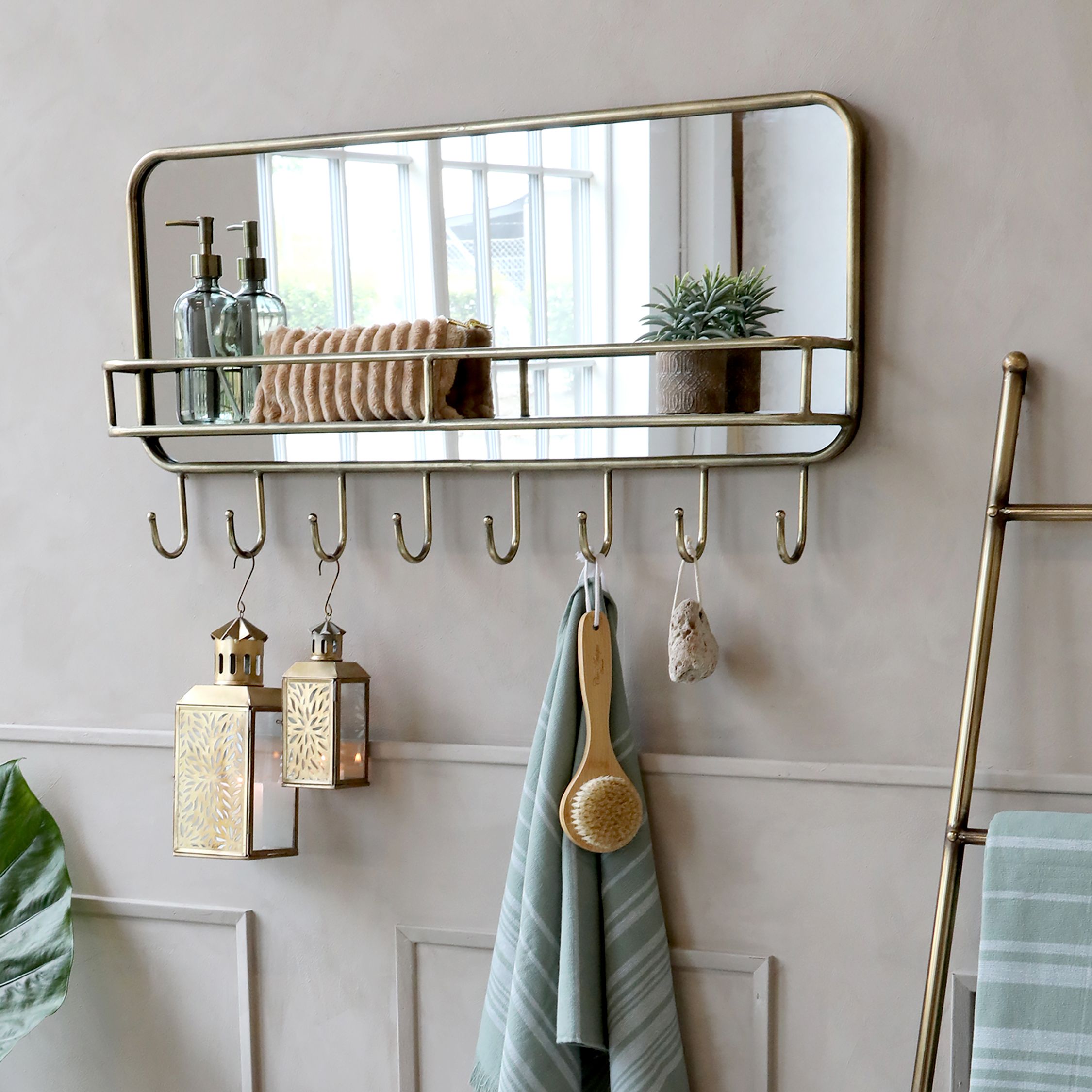 Spiegel mit Regal und 8 Haken in Antik-Messing