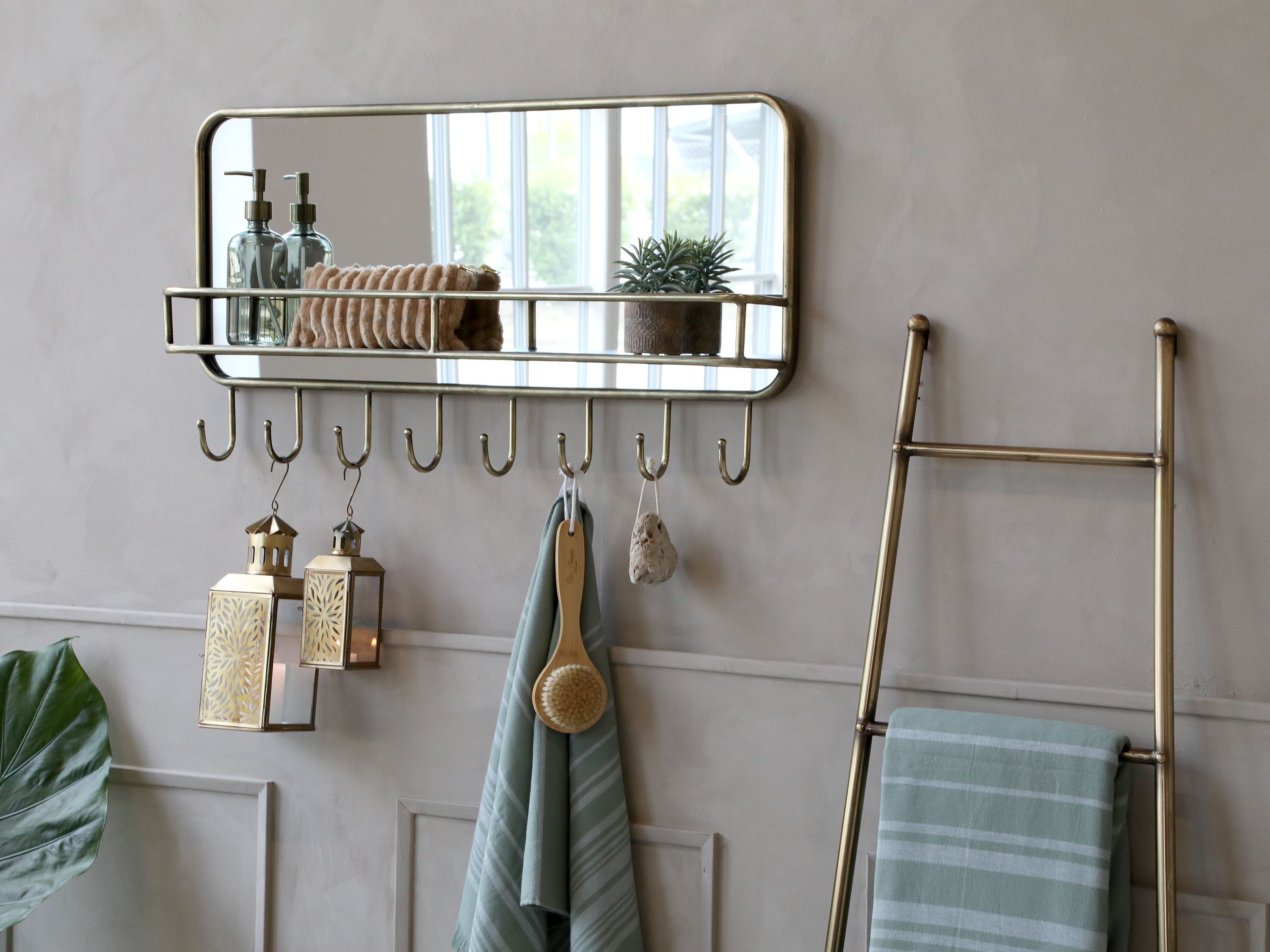 Spiegel mit Regal und 8 Haken in Antik-Messing