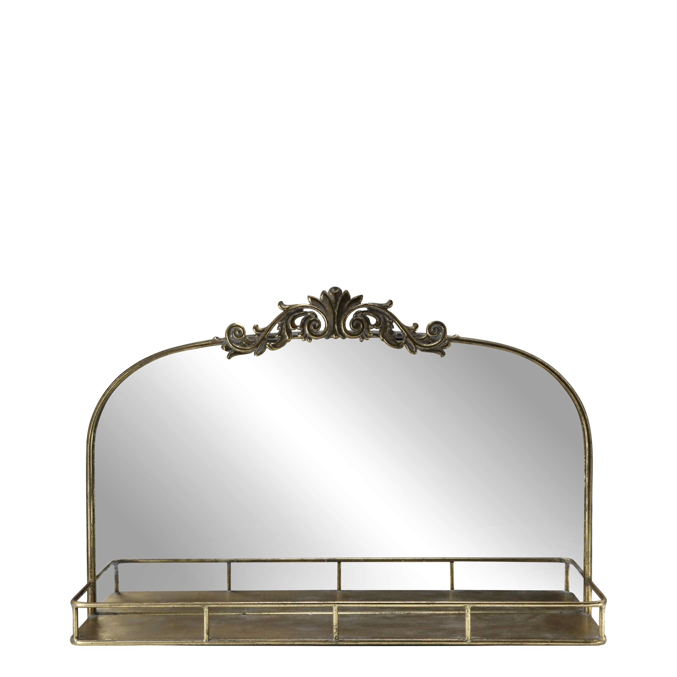 Spiegel mit Regal und Dekor in Antik-Messing, 56 cm hoch