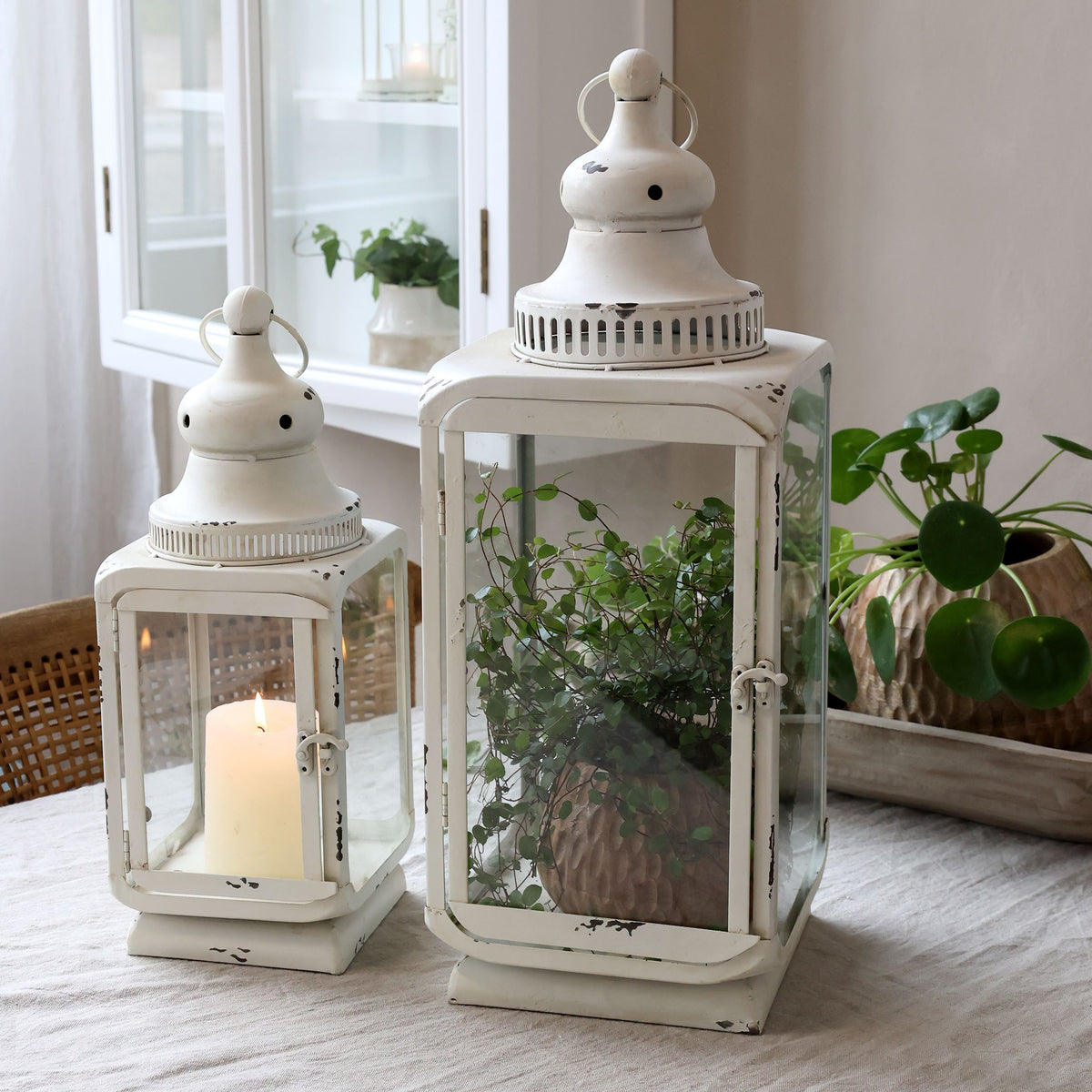 Laternen für Kerzen mit Rillen, Set von 2, antique creme