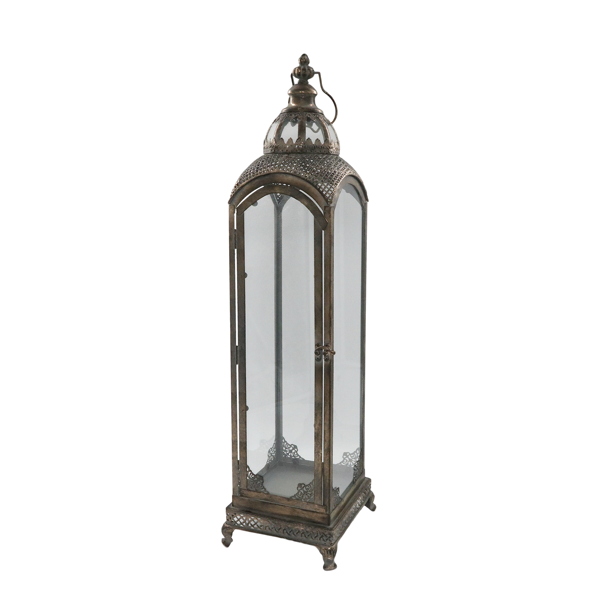 Laterne mit Dekor, Eisen und Glas, antik Gold, 20x20x81 cm