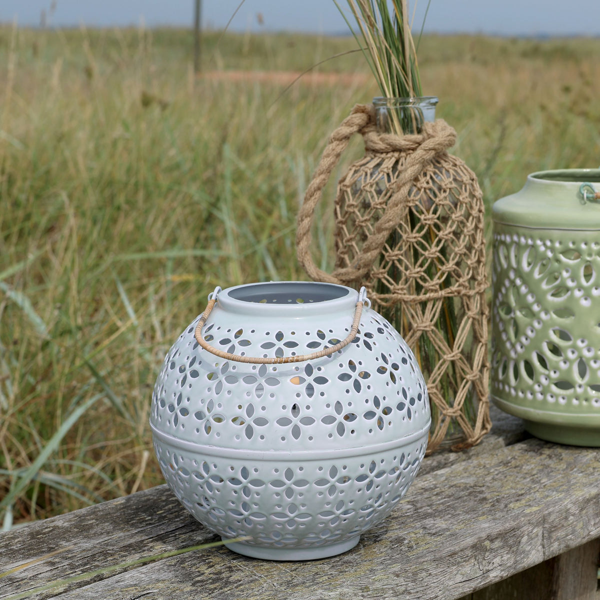 Windlicht sky blue mit Muster, 19 cm hoch