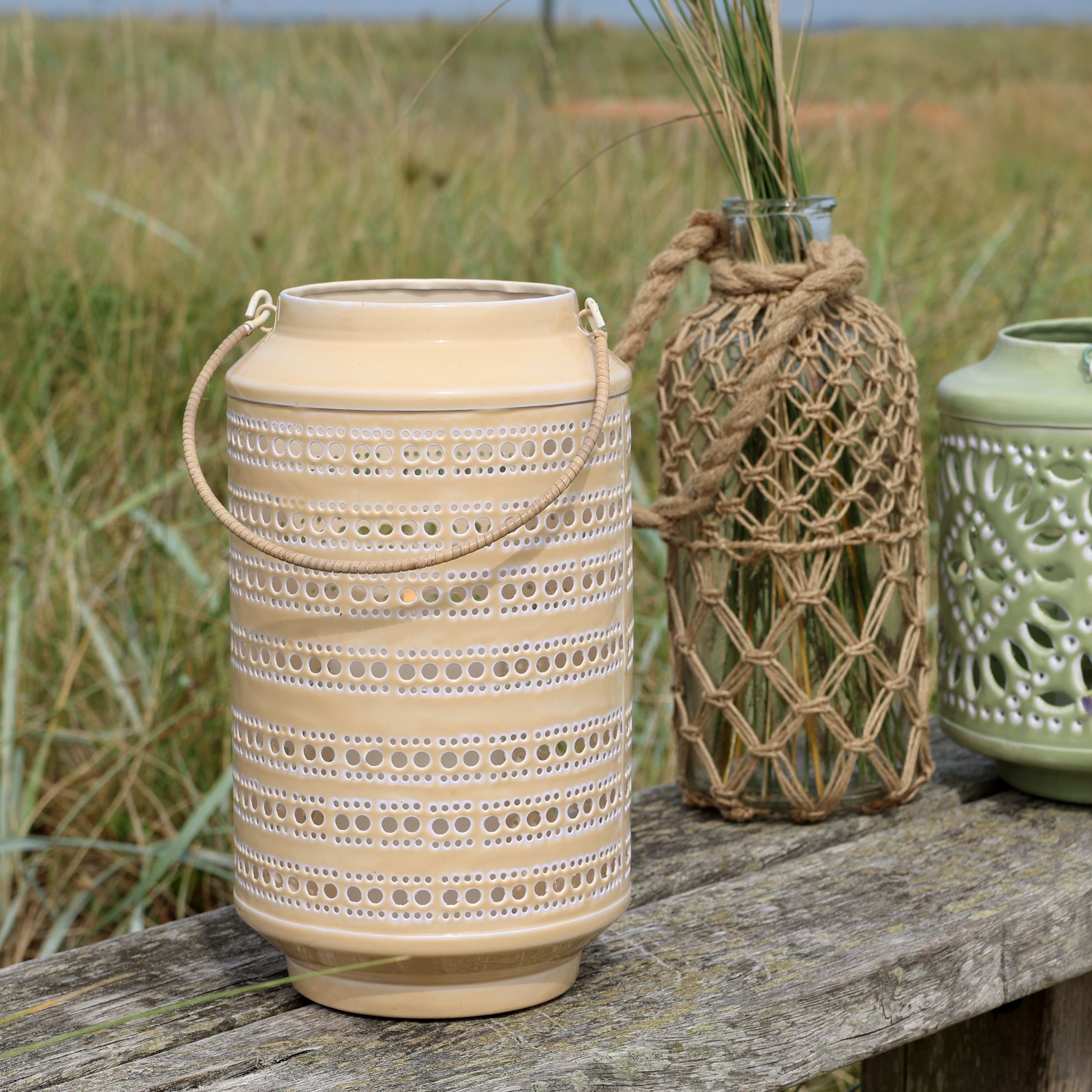 Windlicht mit Muster, 30 cm hoch, creme