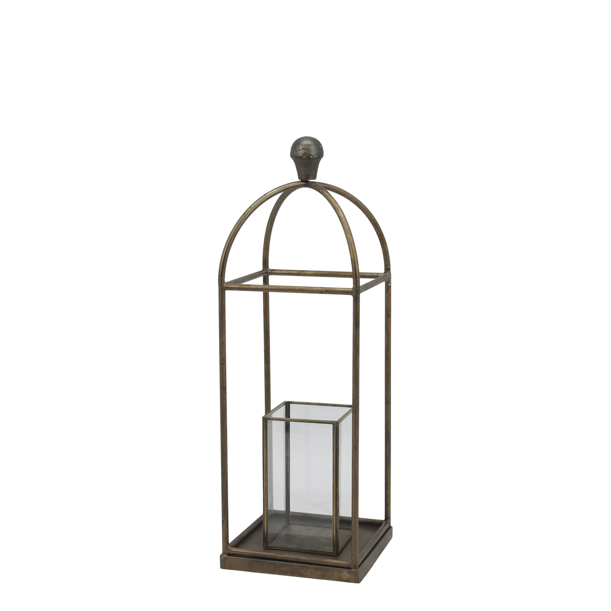 Laterne mit Halter aus Glas und Eisen, antik messing