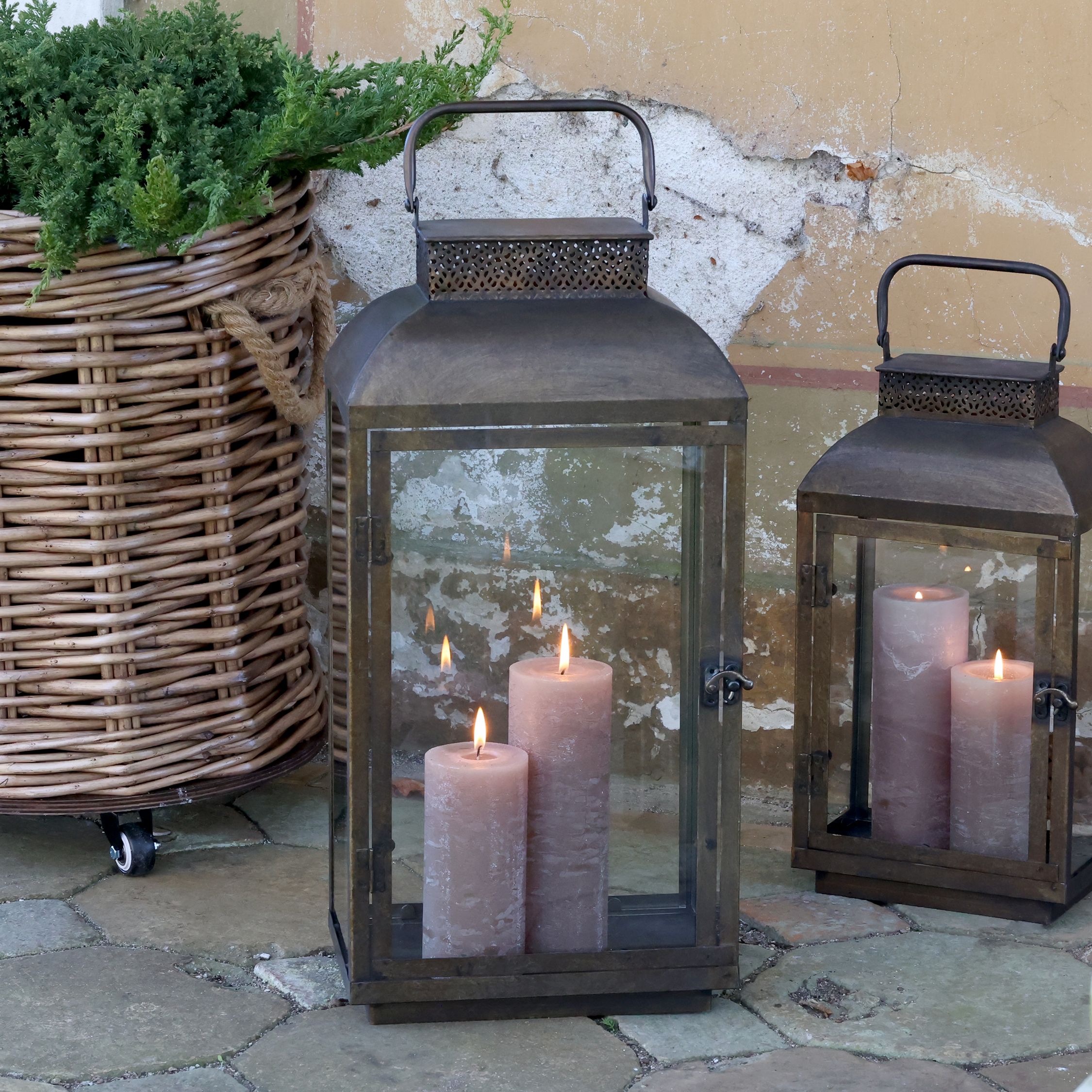 Laterne mit Muster Set von 2 in Antique Messing