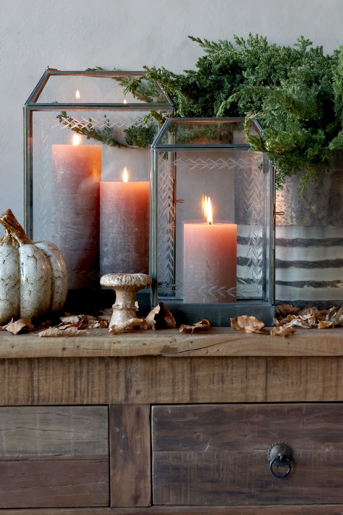 Laterne für Kerzen aus Glas und Eisen, 27 cm hoch