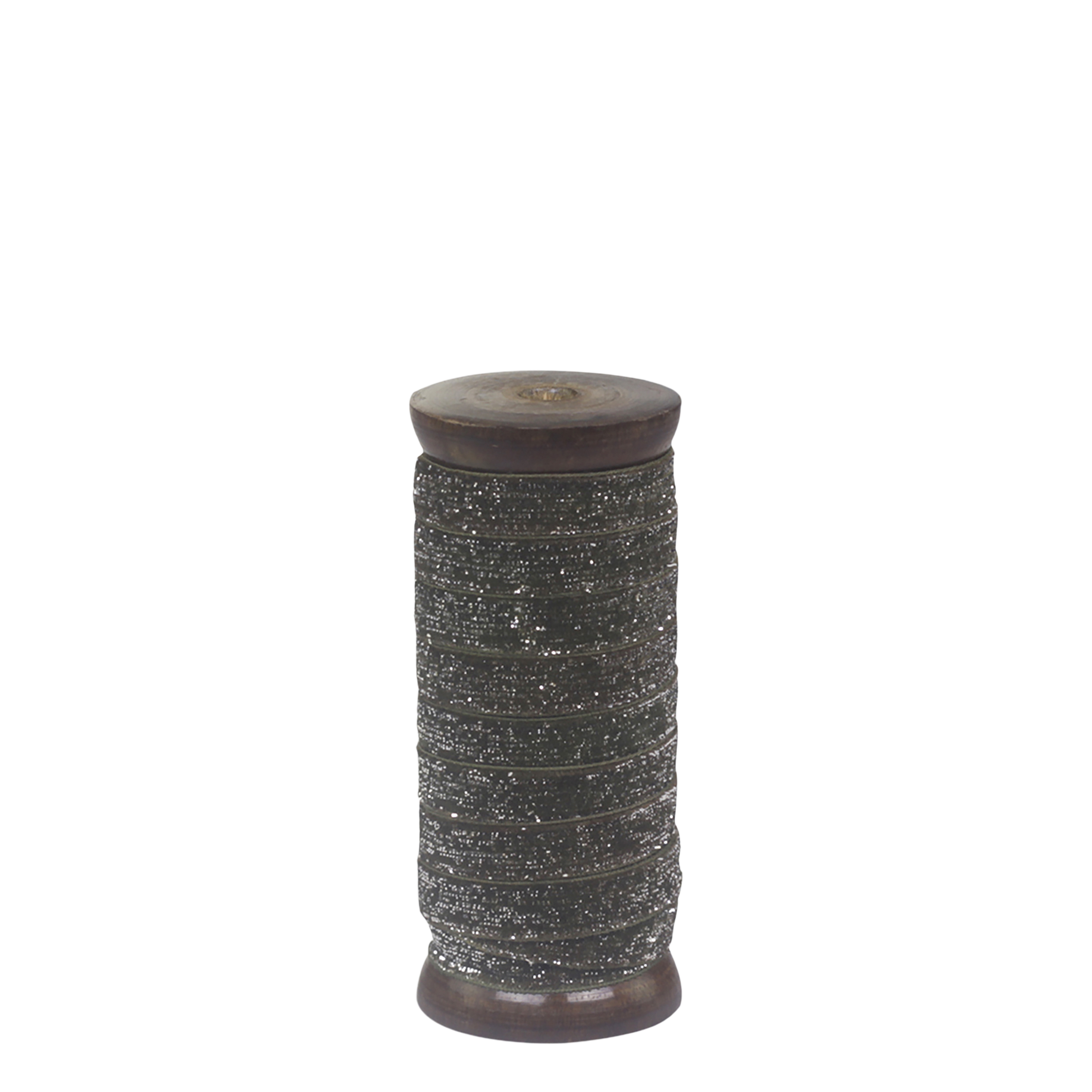 Velour Ribbon w. glitter L5 m/W 12 mm on wooden spool olive