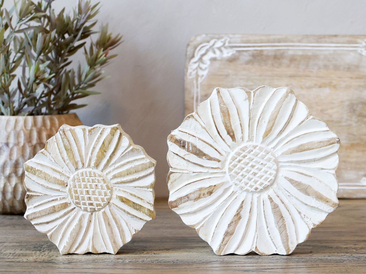Deko Blume aus Mangoholz, 20 cm Durchmesser, Antique Weiß