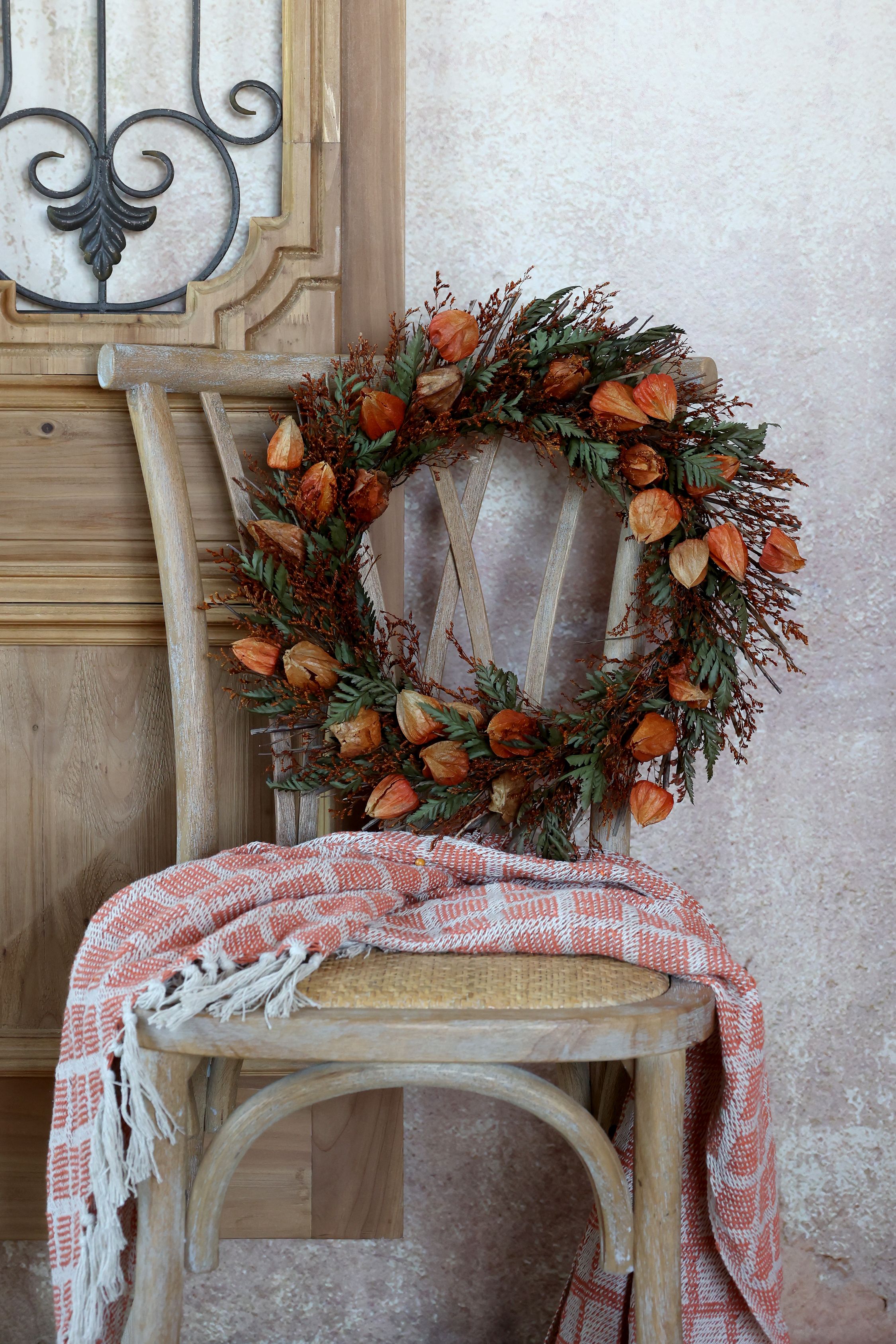 Fleur Kranz mit Blumen, Rattan, terracotta, 46 cm
