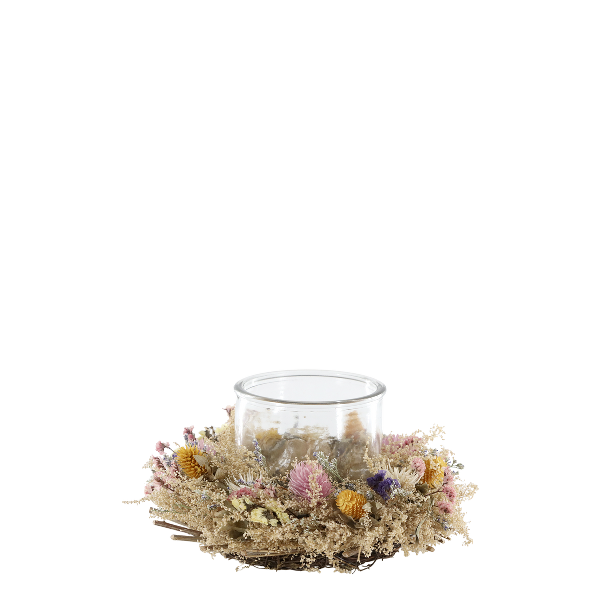 Windlicht mit Blumenkranz aus Gras und Glas, 18 cm