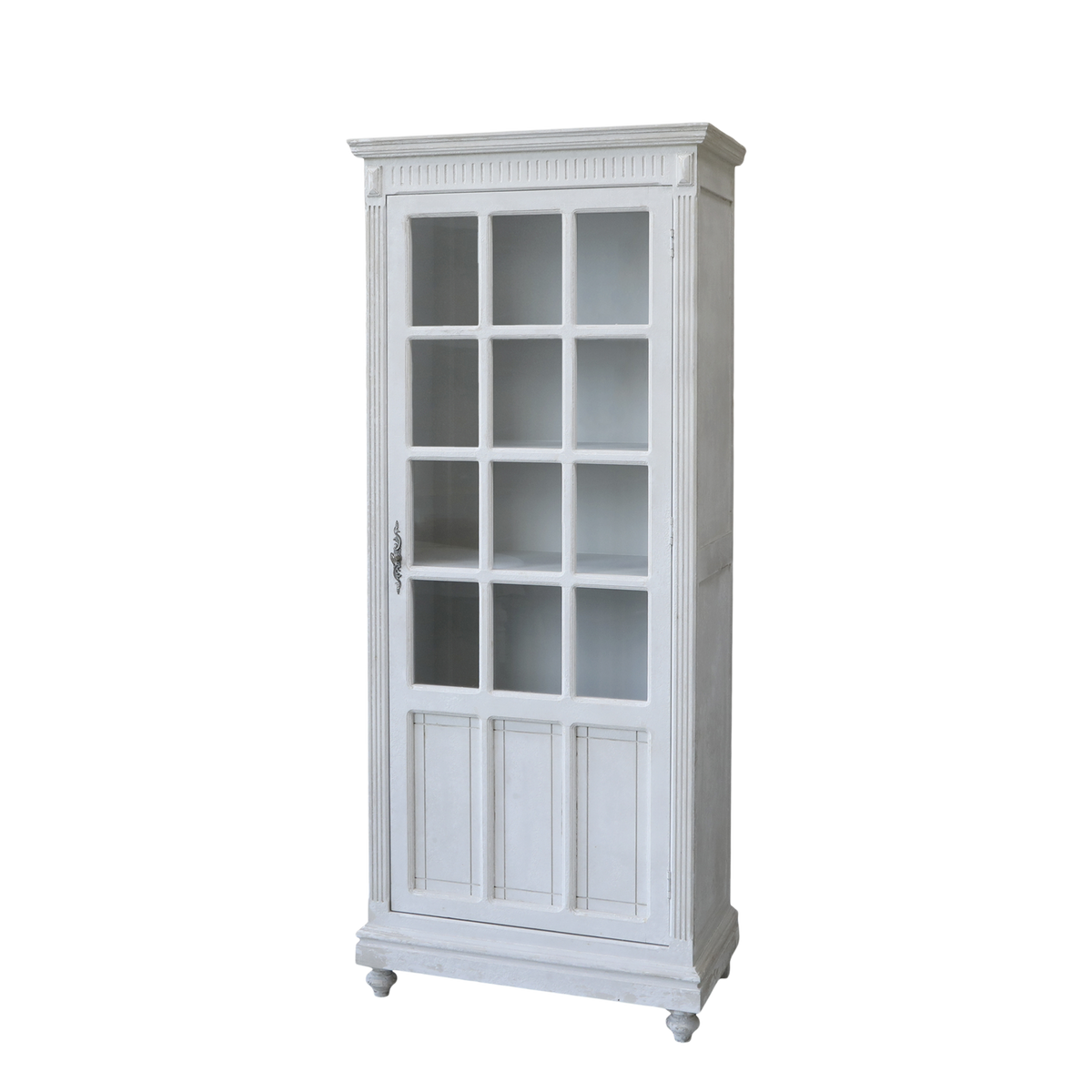 Vitrinenschrank aus Kiefernholz mit Glastür, antique weiß