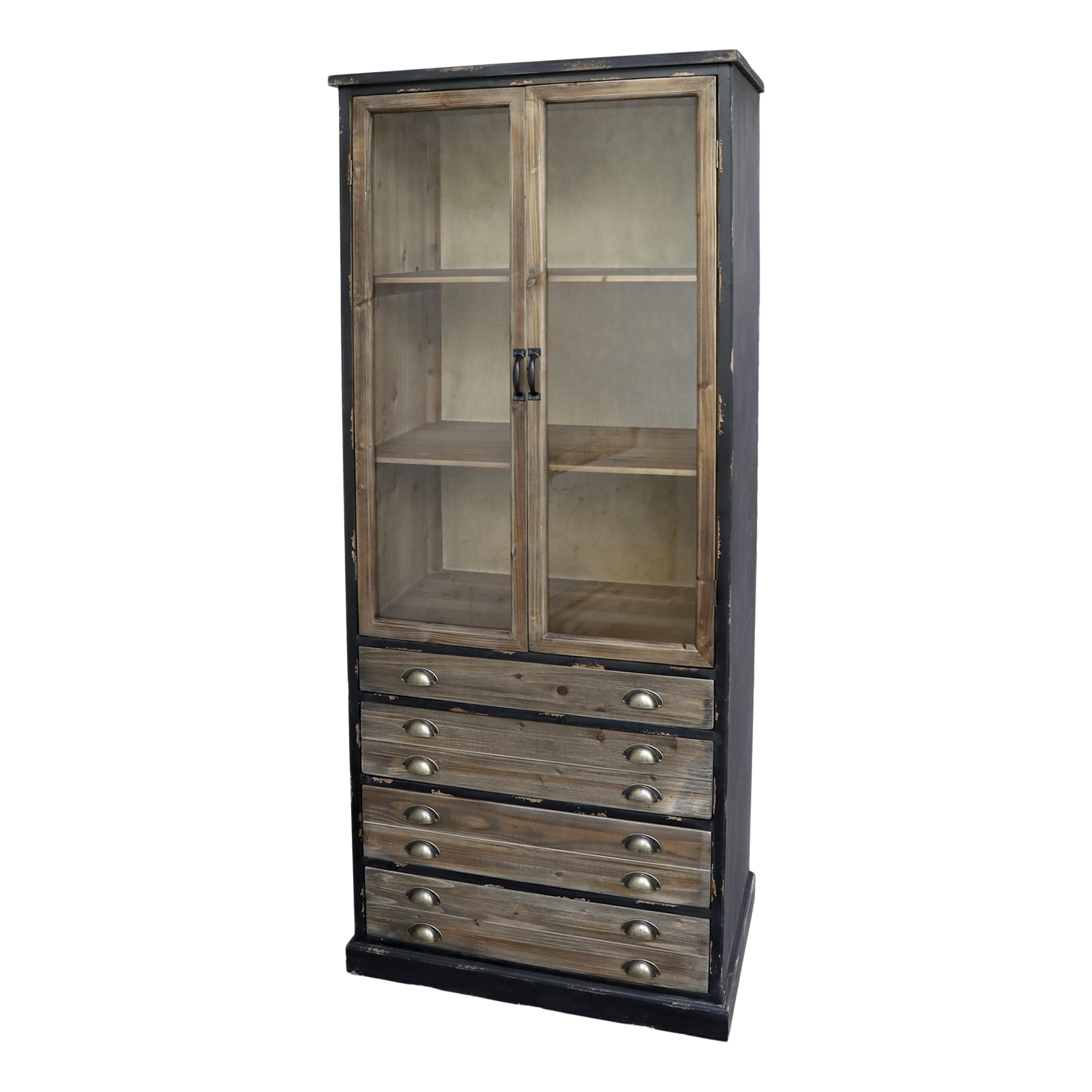 Vitrinenschrank mit Glastüren und Schubladen, schwarz