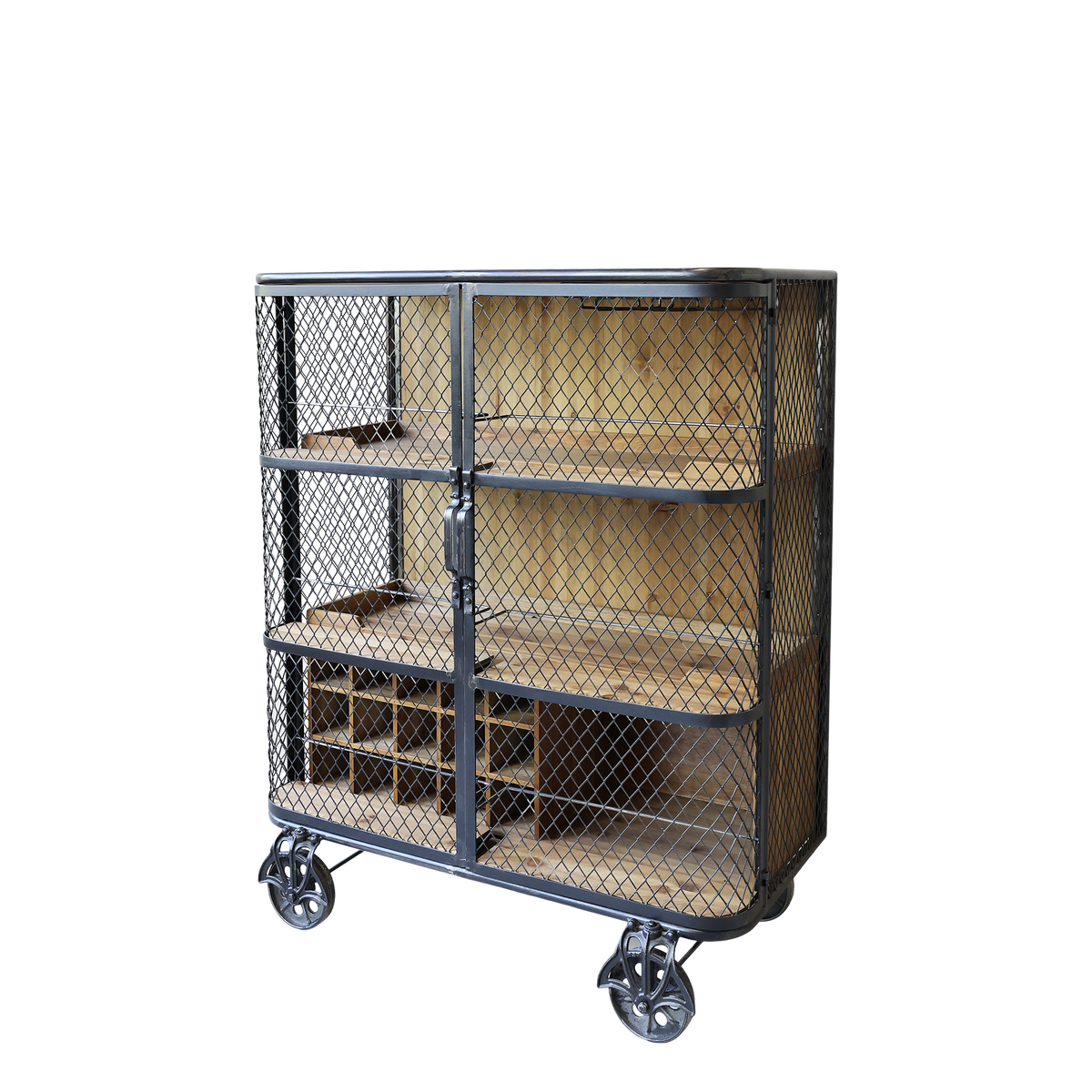 Barschrank auf Rädern, Tannenholz und Eisen, antique kohle