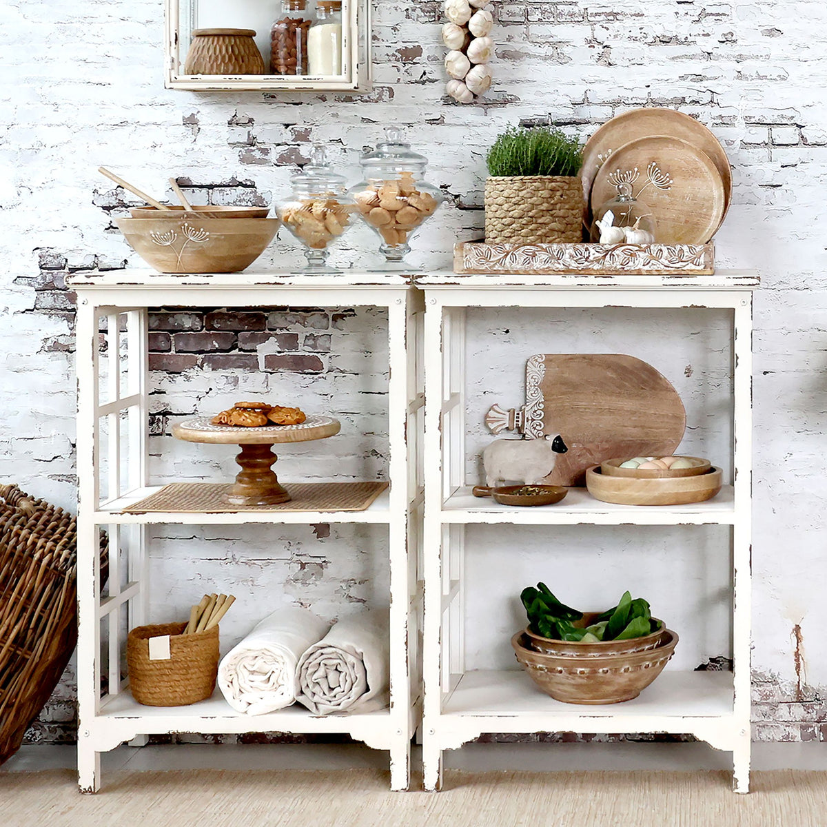 Tisch mit Regal aus Tannenholz, 60x35 cm, antique creme