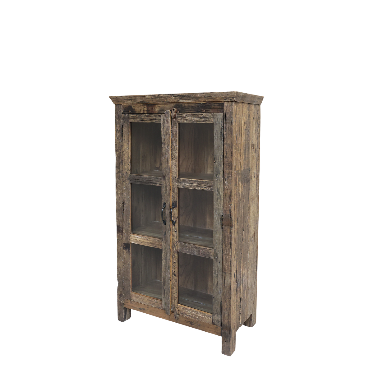 Vitrinenschrank aus Recyclingholz mit Glastüren, 140 cm hoch