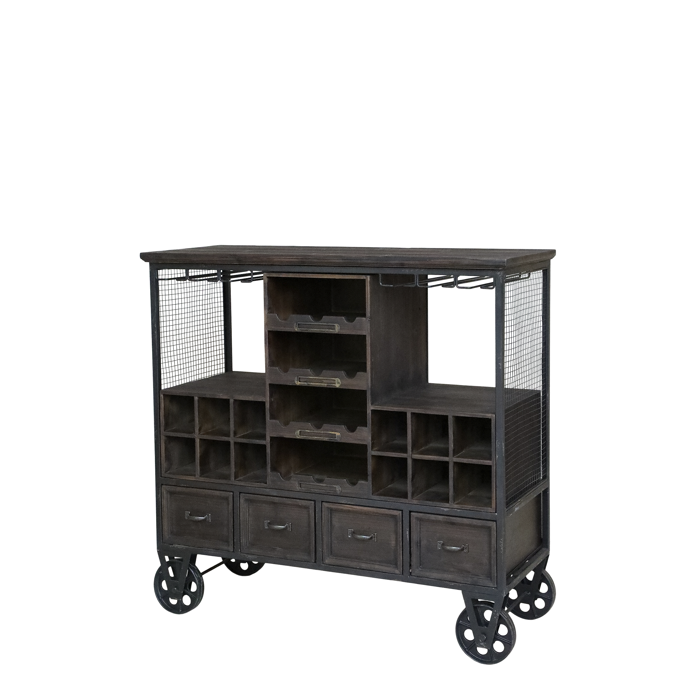 Barwagen als Regal aus Tannenholz und Eisen, 94 cm lang