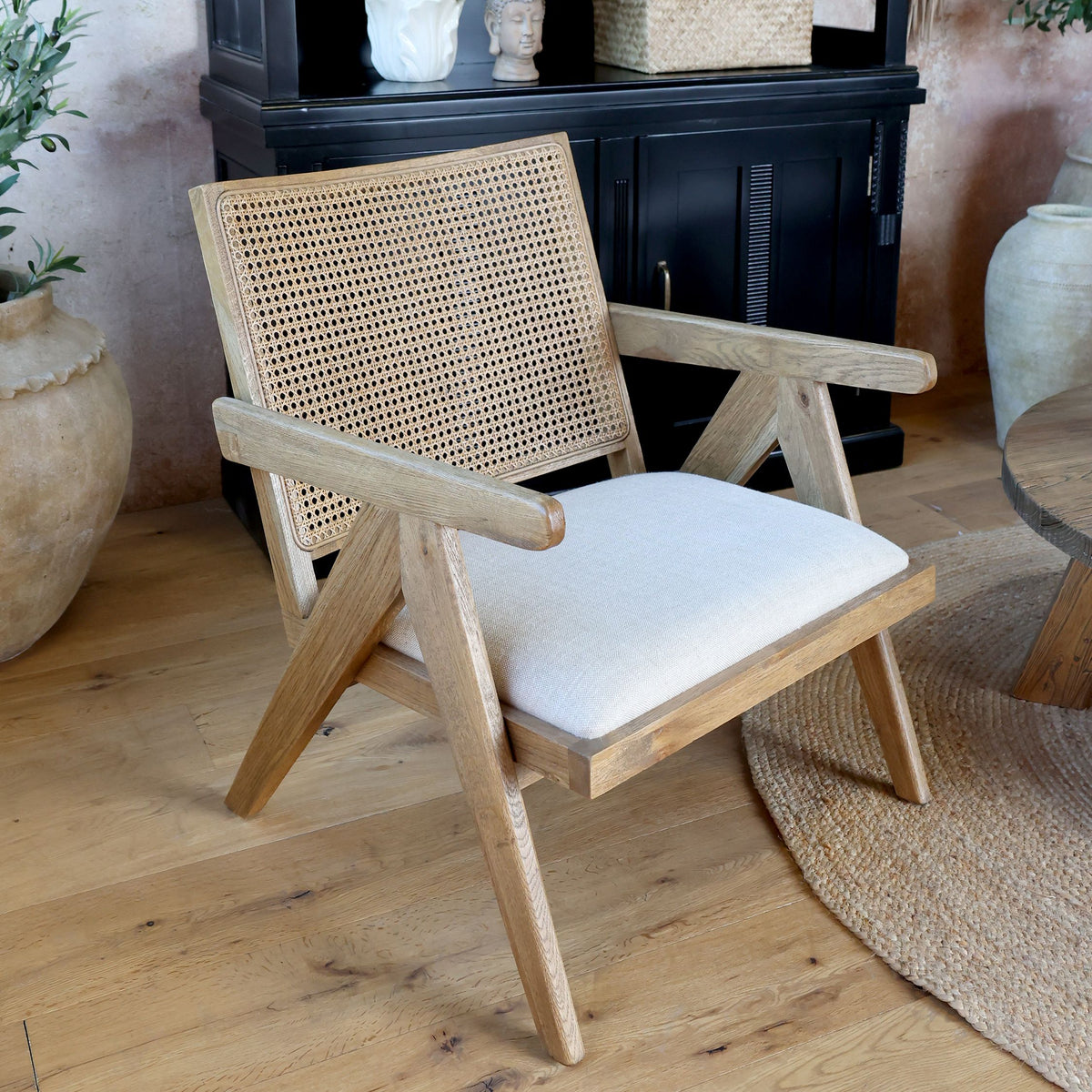 Loungestuhl mit Stoffsitz und Rattan-Rückenlehne, 70 cm