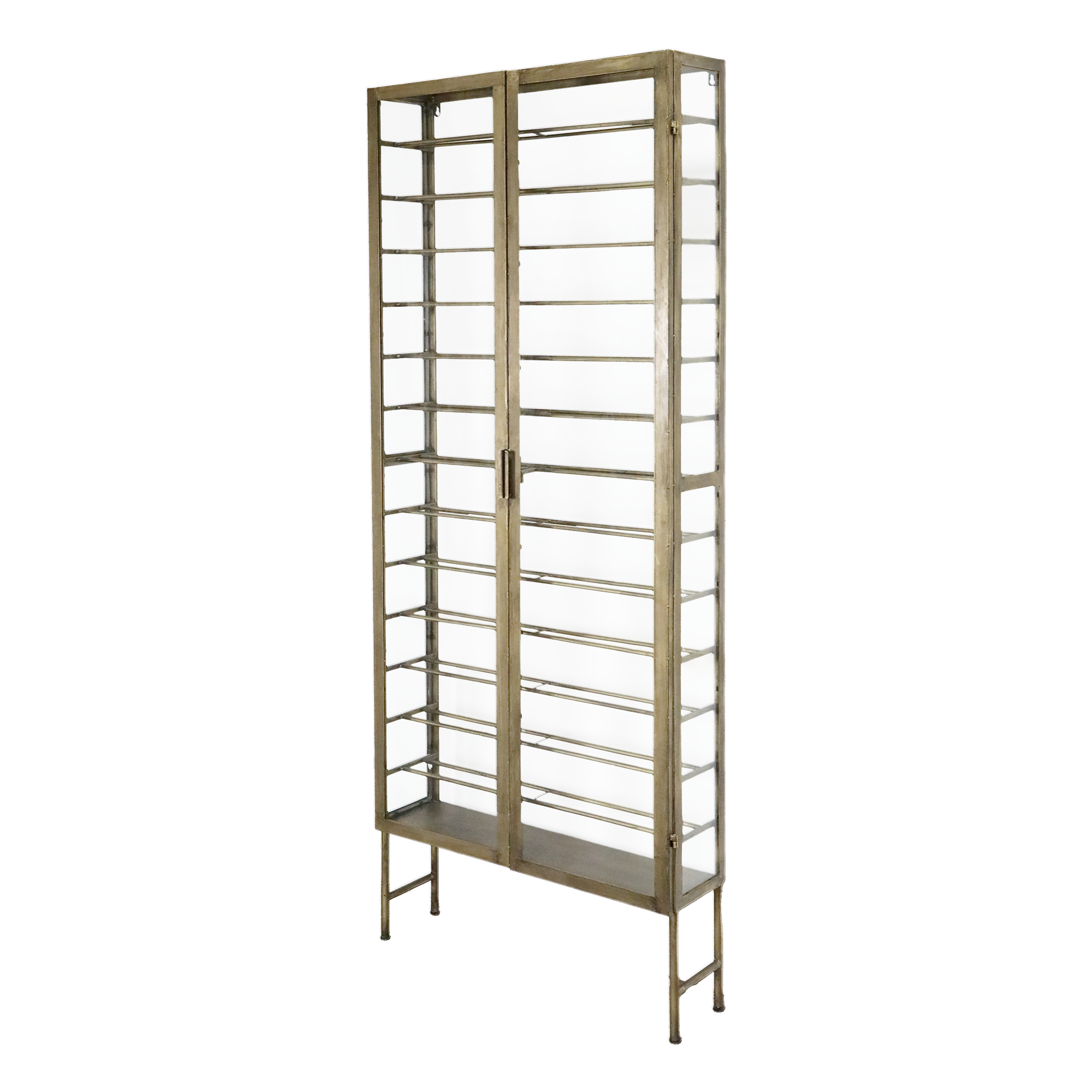 Weinständer aus Eisen und Glas, messingfarben, 194 cm hoch