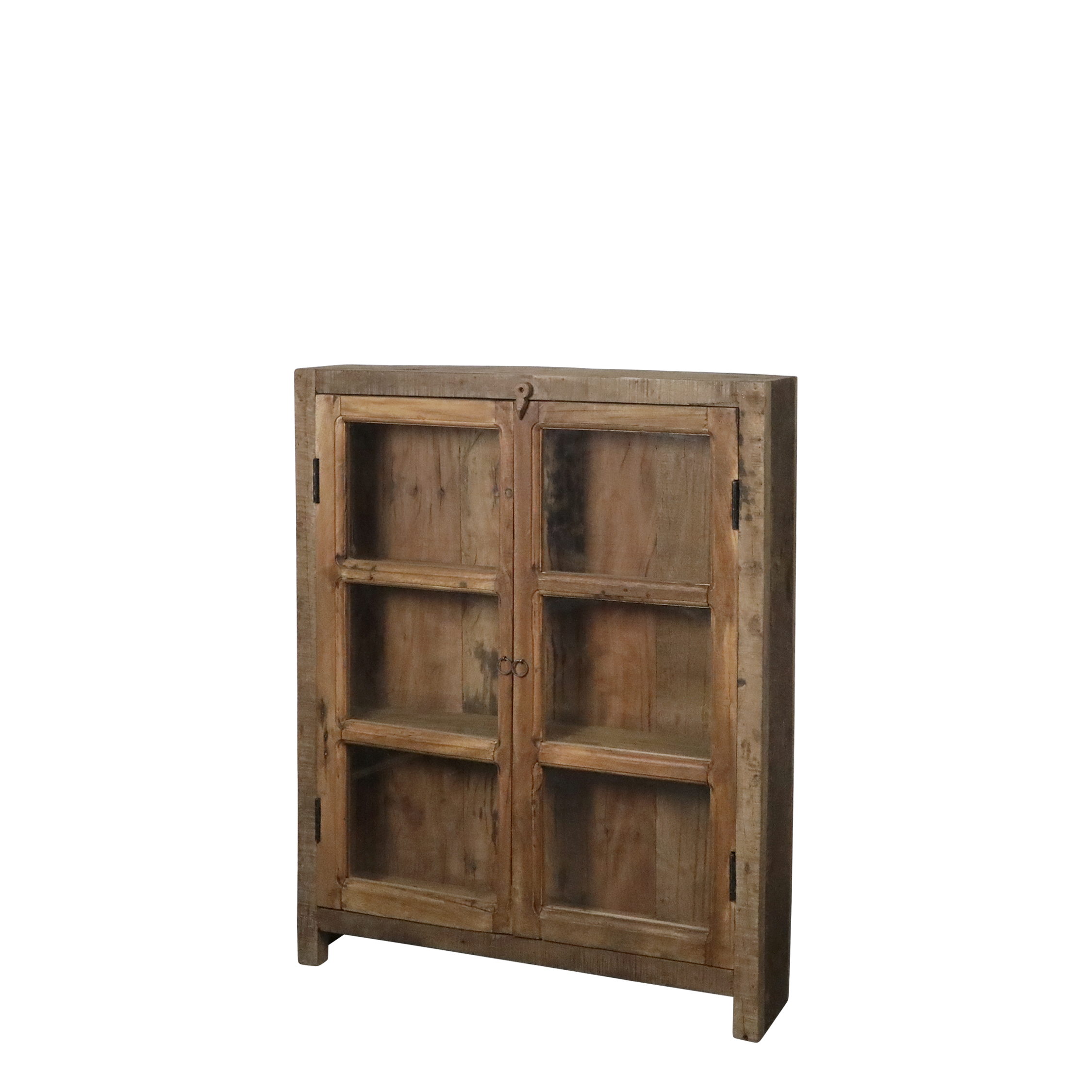 Vitrinenschrank aus Recyclingholz mit Glastür, 105 cm hoch