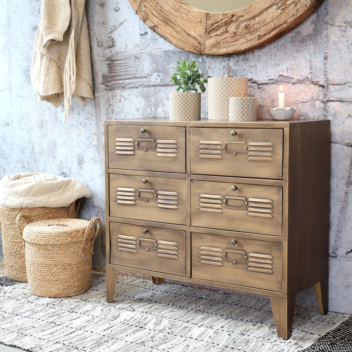 Kommode mit 6 Schubladen in Antique Messing