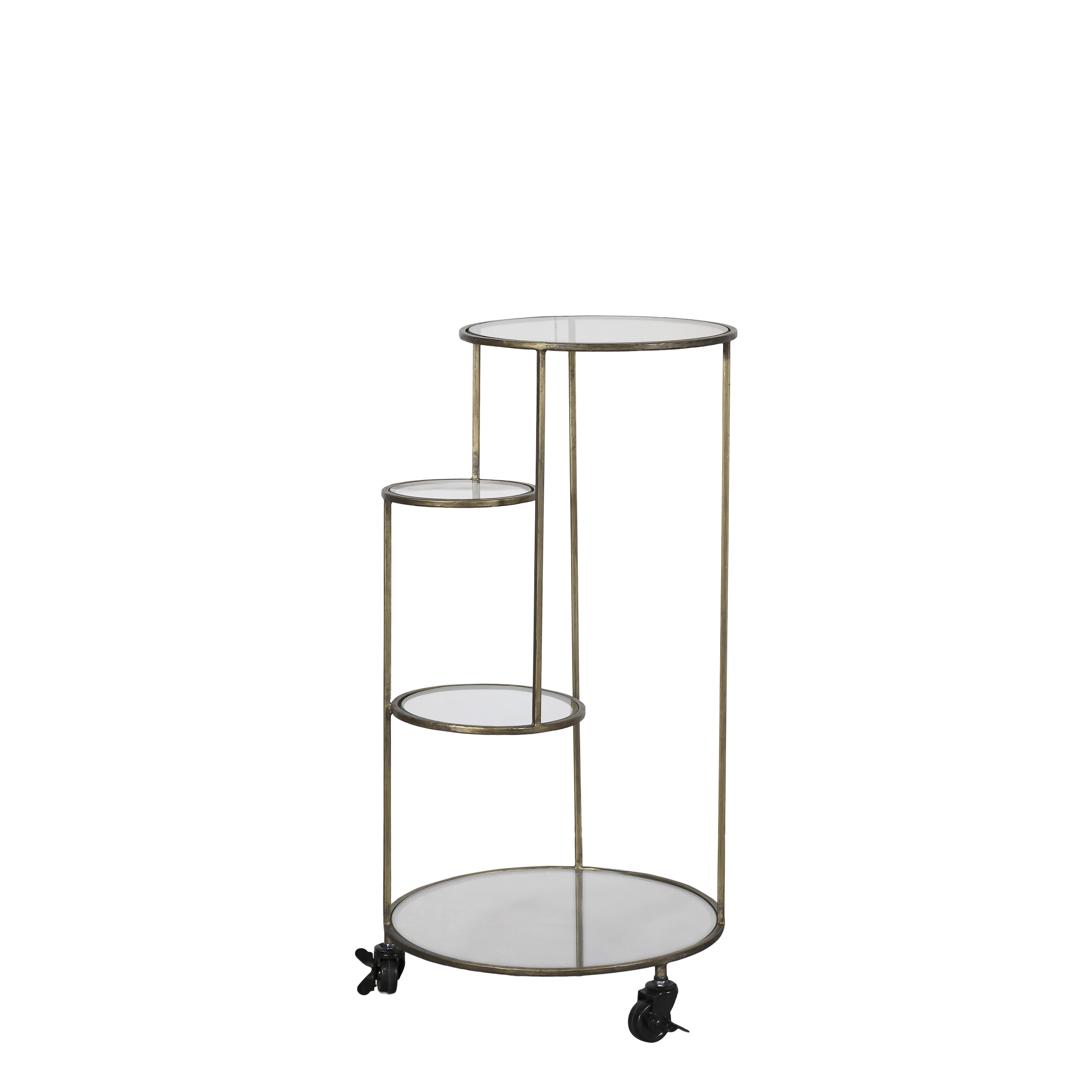 Table w. glass panels on wheels H79.5/D40 cm antique brass