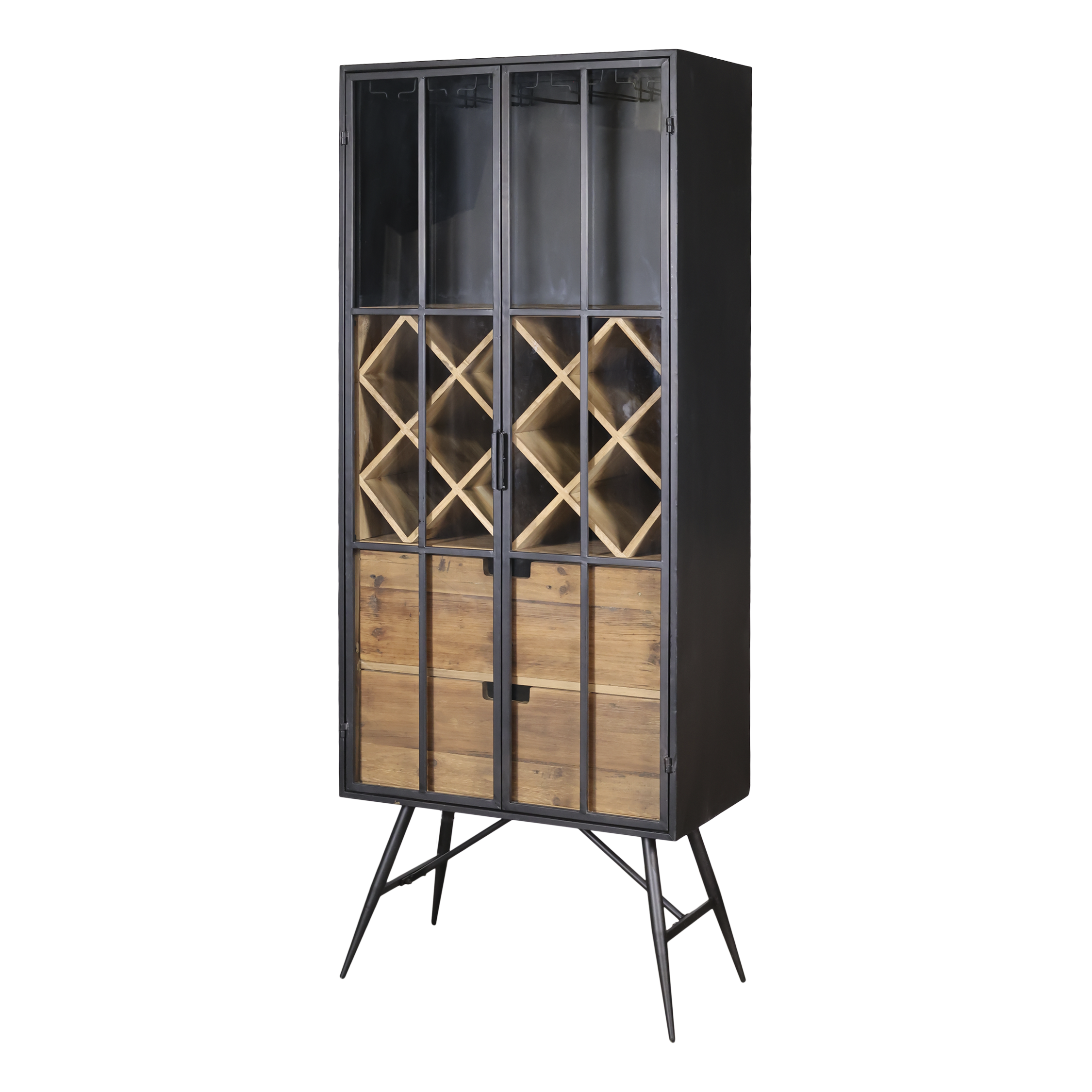 Vitrinenschrank Glas mit Flaschenregal aus Eisen und Holz