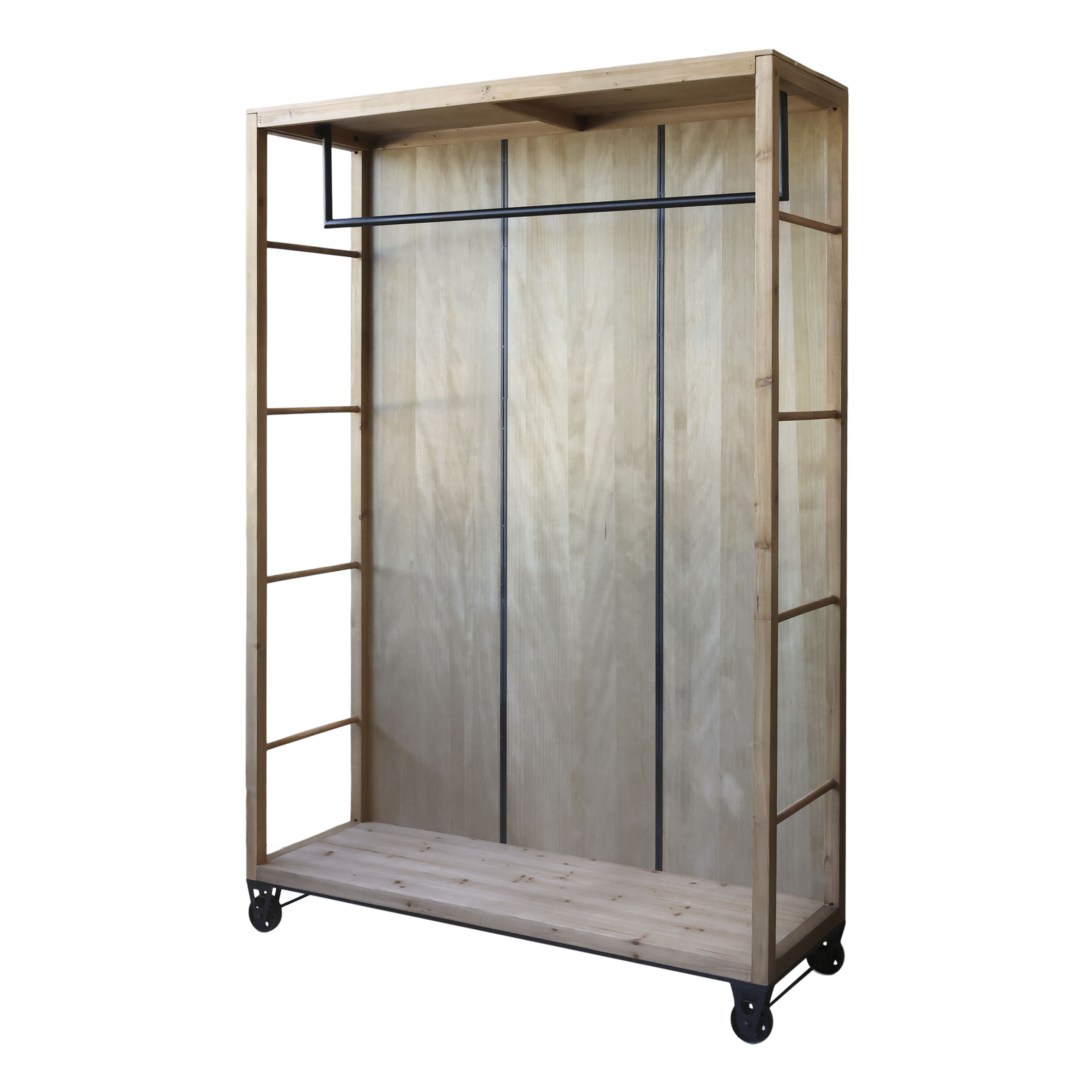 Shelving Unit on wheels w. clothes rack H200/L150/W48 cm nature