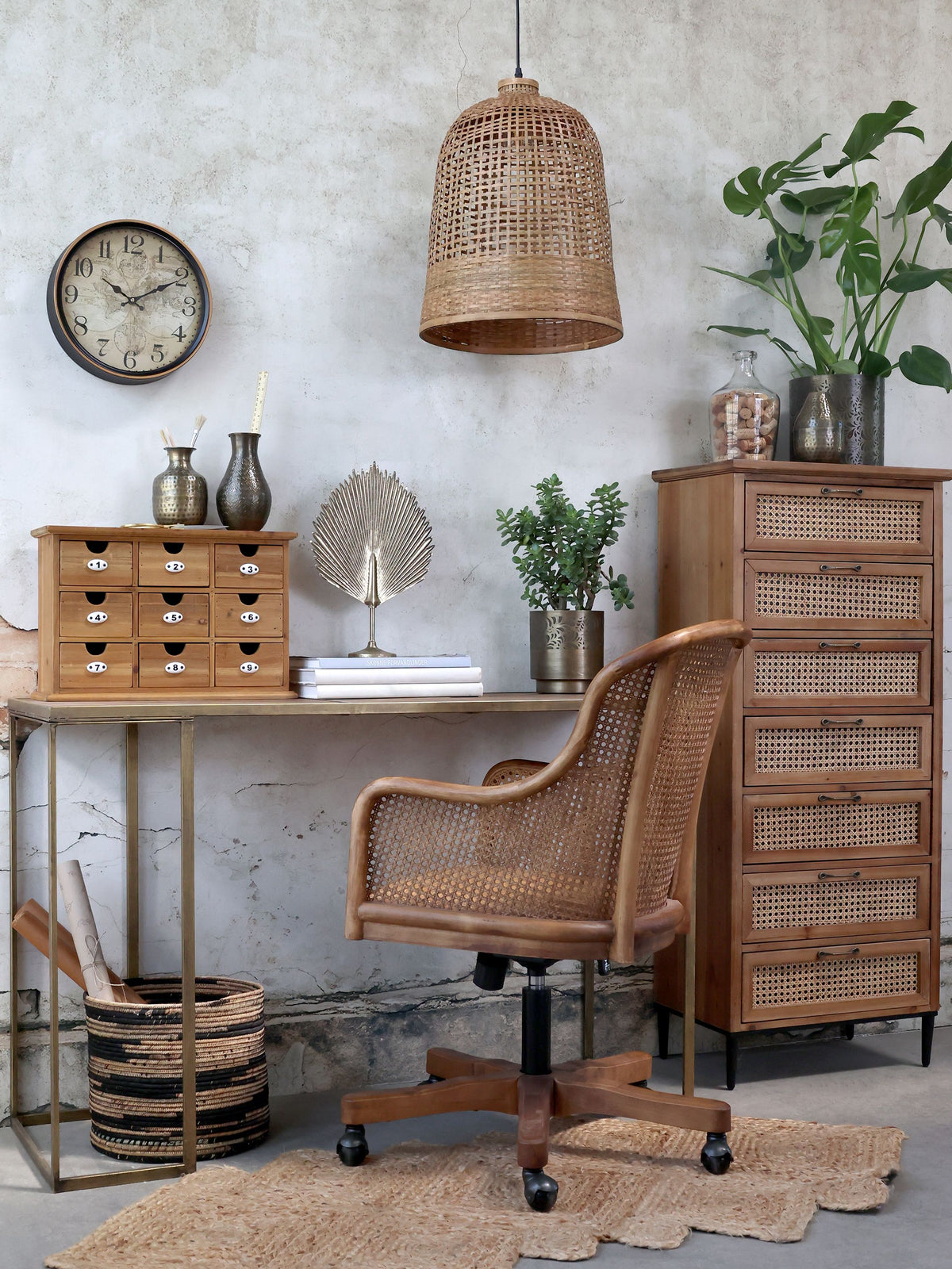Bürostuhl mit geflochtenem Rattan, höhenverstellbar, natur