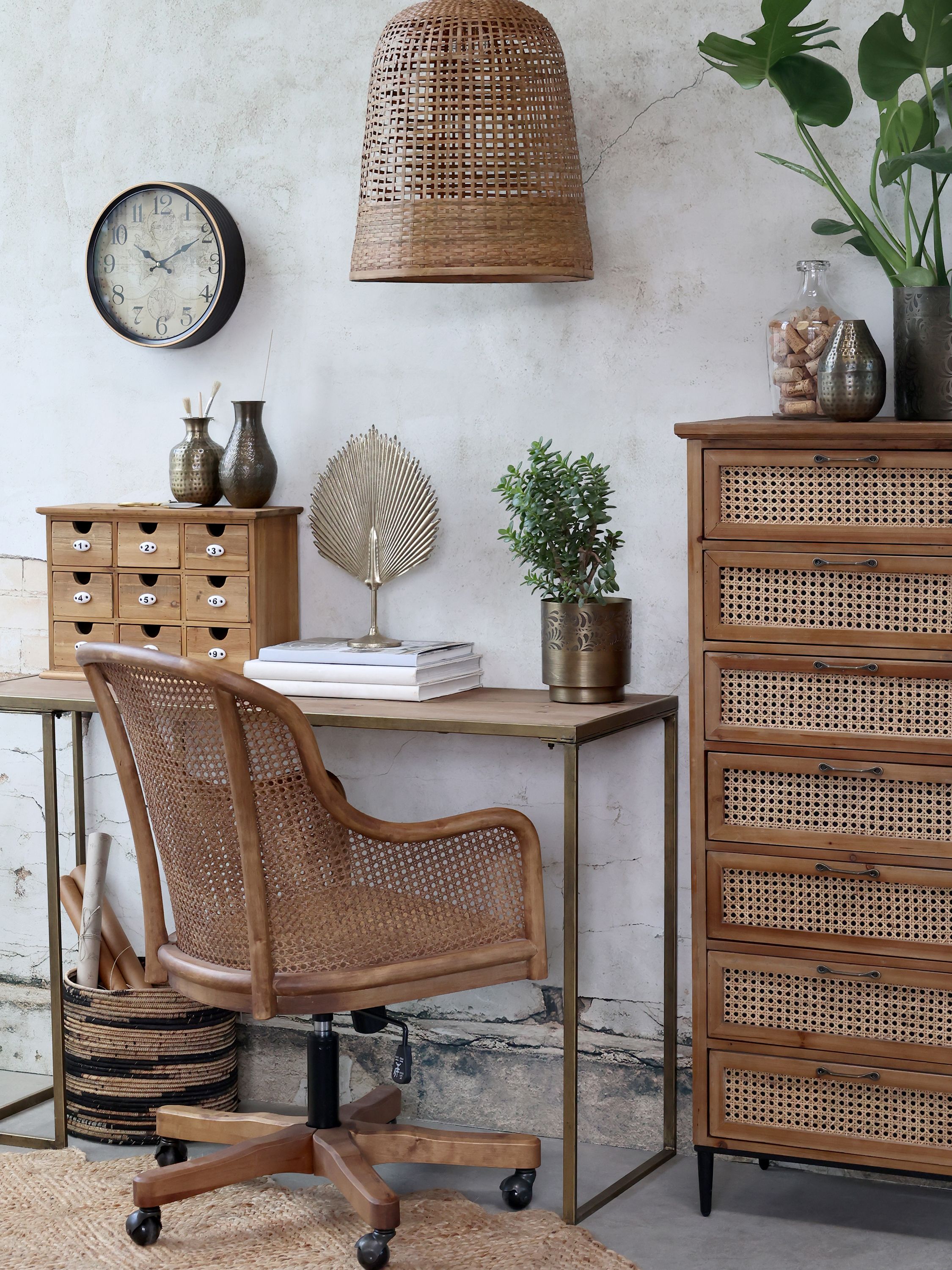 Bürostuhl mit geflochtenem Rattan, höhenverstellbar, natur