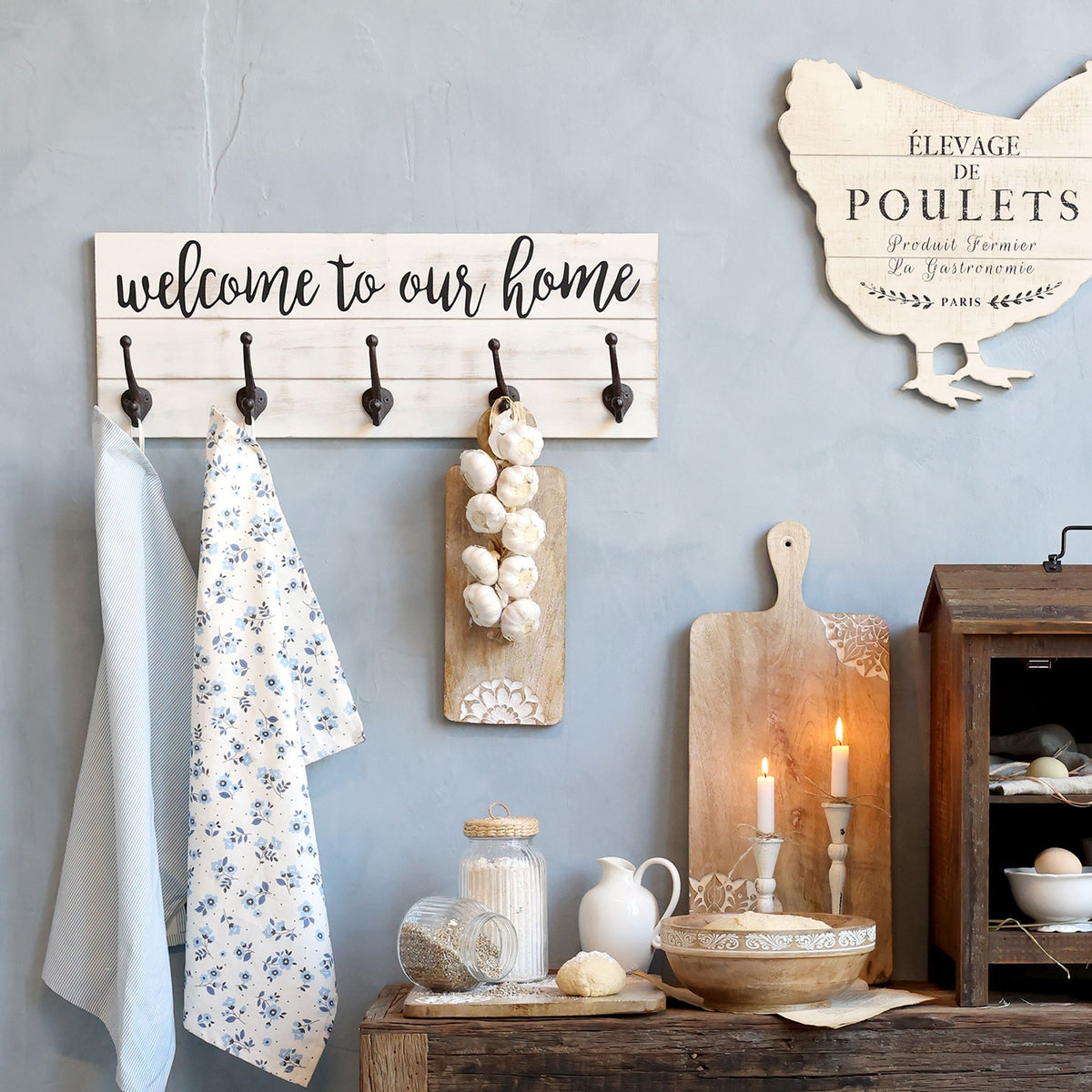 Kleiderhakenbrett mit Text und 5 Haken, antique creme