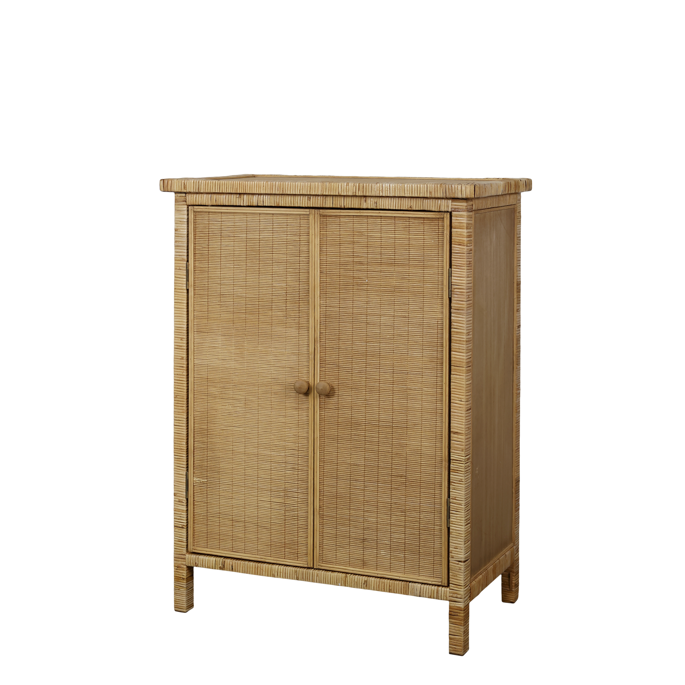 Kleiner Schrank mit Türen aus Rattan und Holz, 80 cm hoch