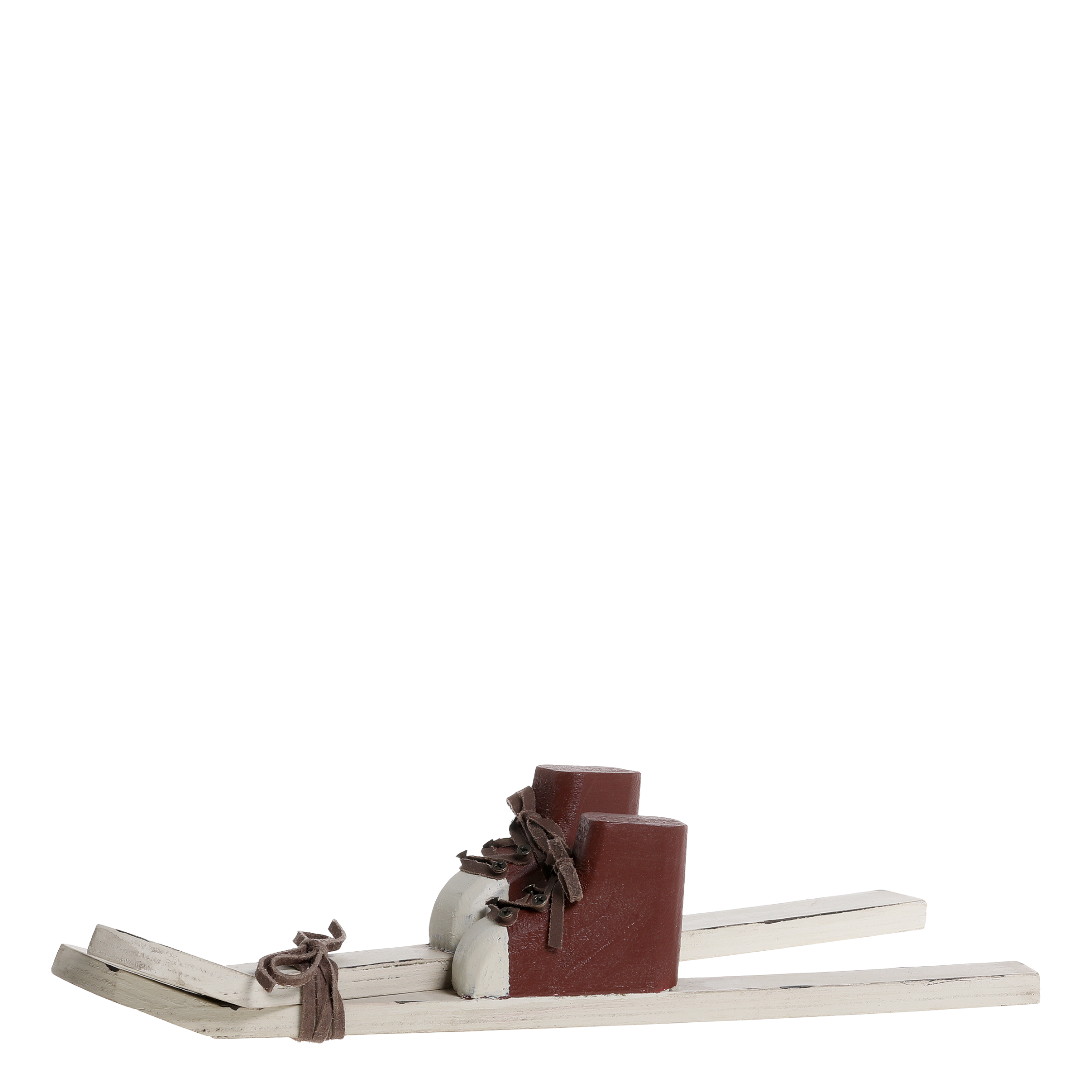Vintage Ski mit Stiefeln aus Holz, antique weiß