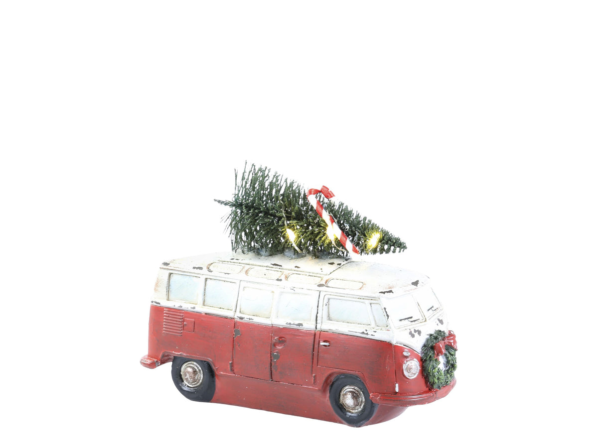Vintage Bus mit LED-Weihnachtsbaum, Polyresin, 18 cm
