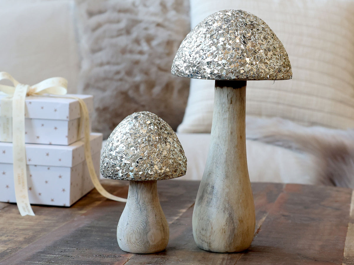 Pilz-Deko aus Mangoholz mit Glasmosaik, 25 cm hoch