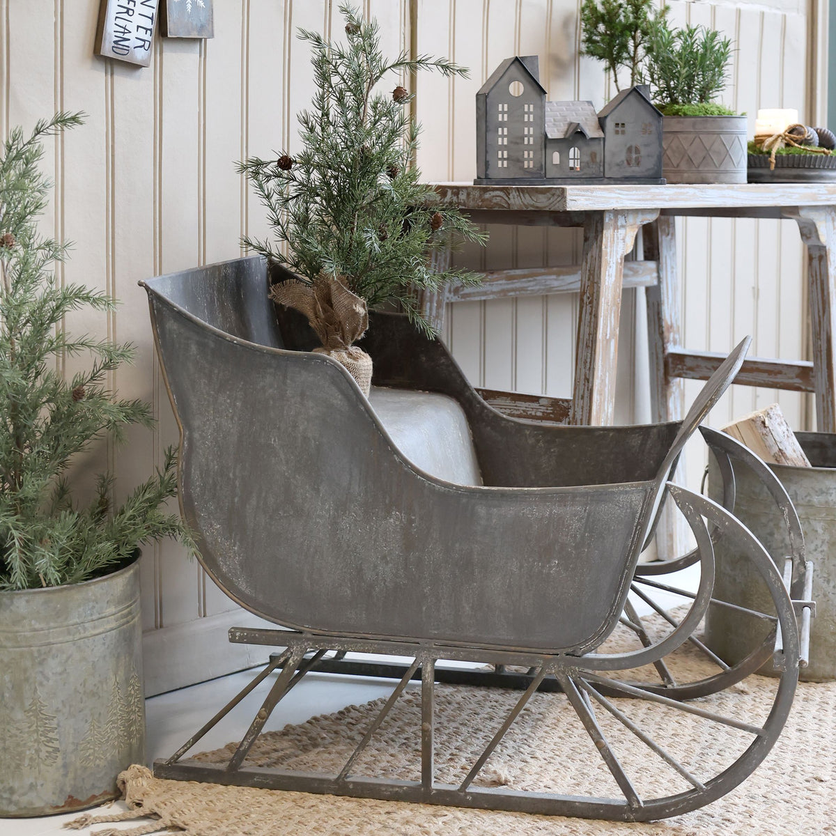 Vintage Schlitten aus Eisen, 84 cm lang, antique zink