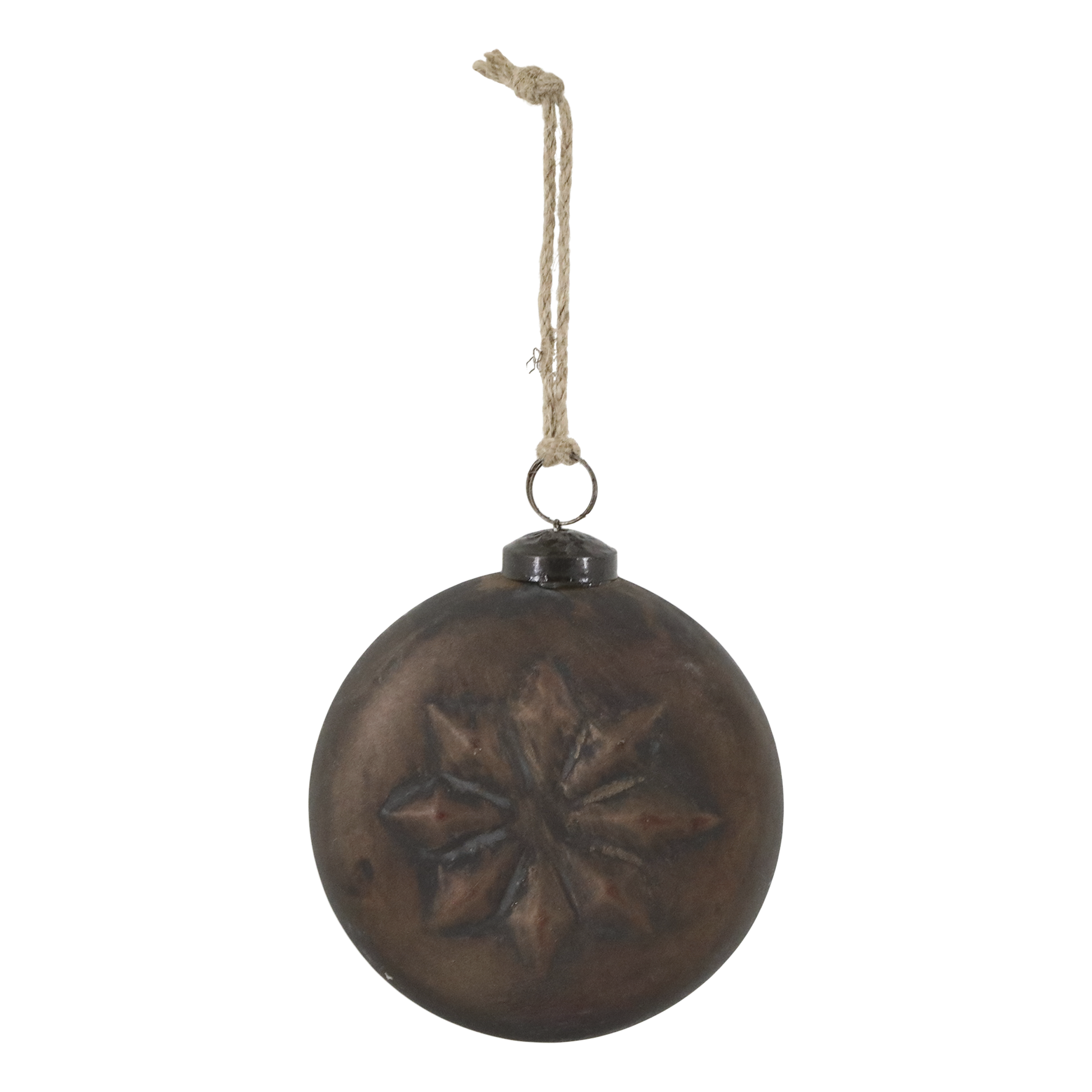 Weihnachtskugel aus Glas mit Messing und Jute, 10 cm hoch