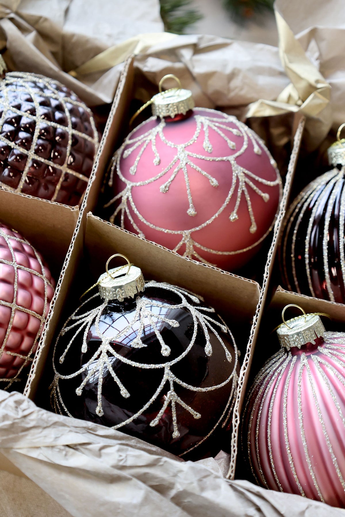 Weihnachtskugel Set aus Glas, 6er, Malve