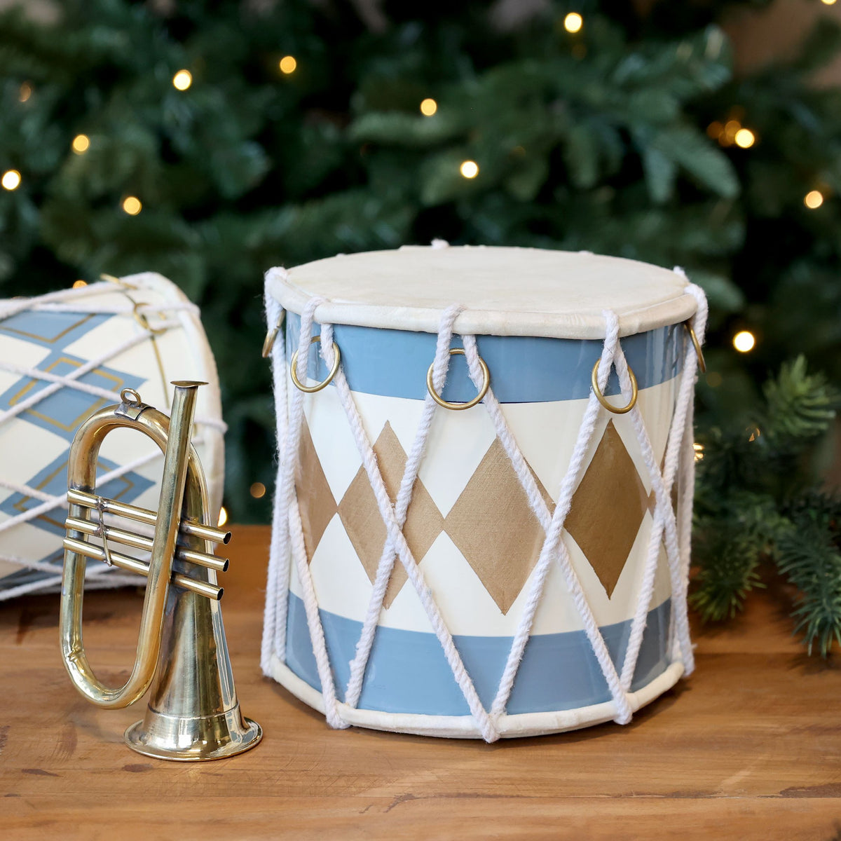 Vintage Trommel mit Leder – handgemacht, sky blue